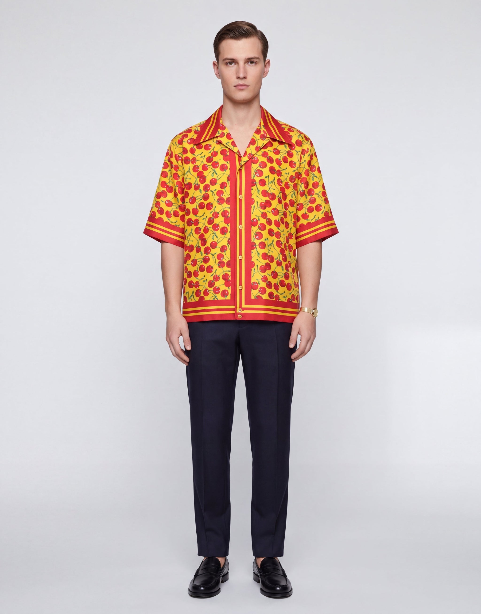 Dolce & Gabbana Yellow Cherry Button Down Silk Casual Shirt