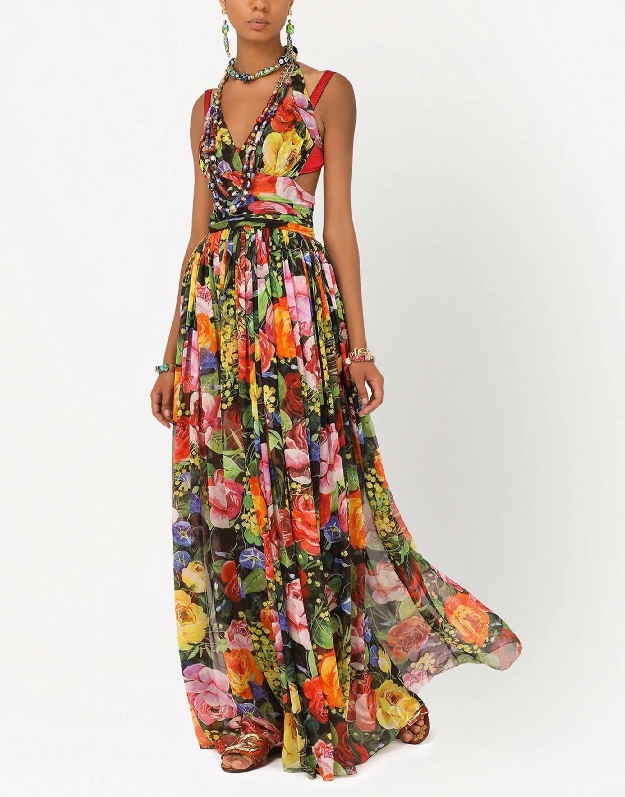 Chique bloemen maxi slip jurk in multicolor zijde