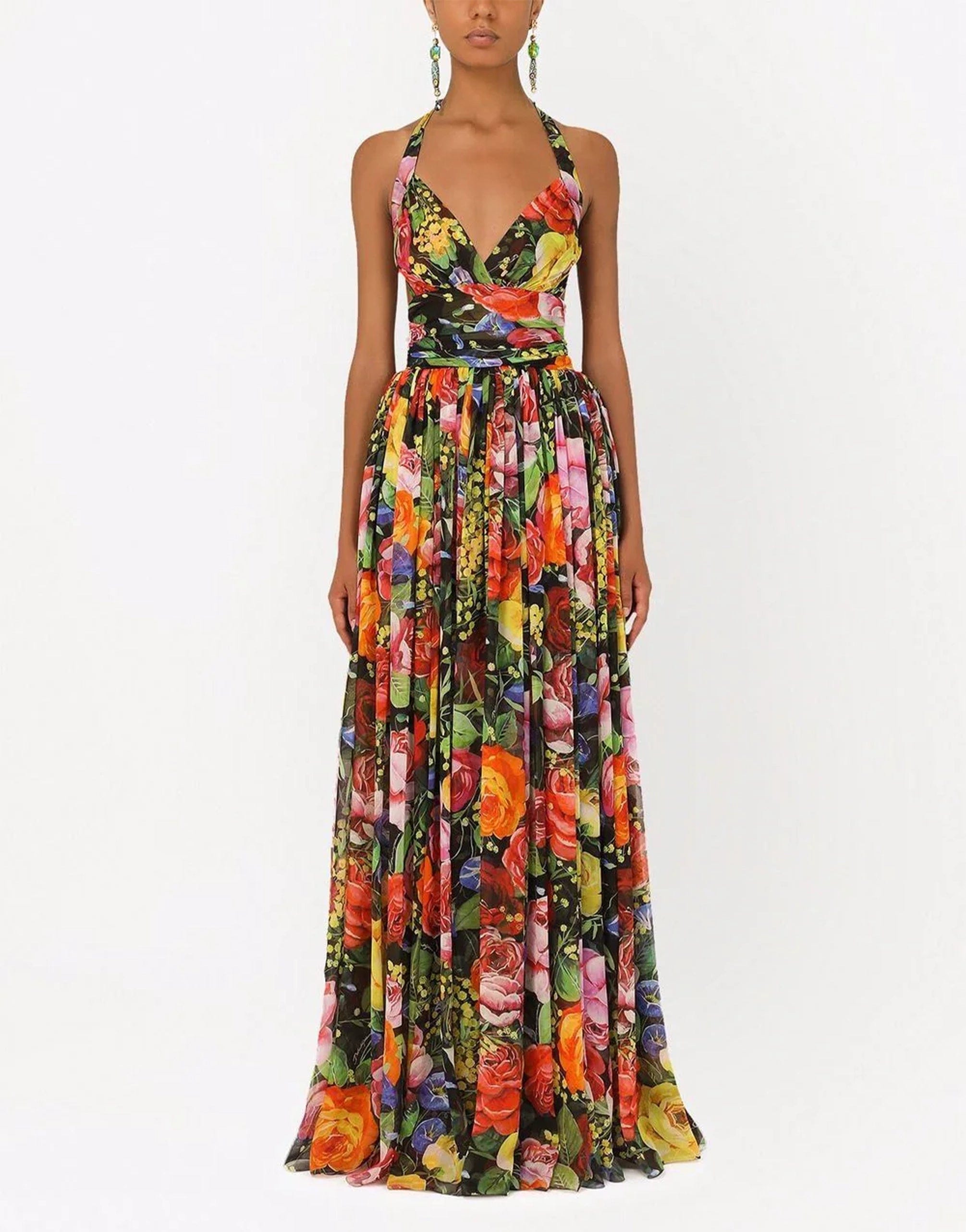 فستان أنيق طويل بنقشة الزهور مصنوع من الحرير متعدد الألوان