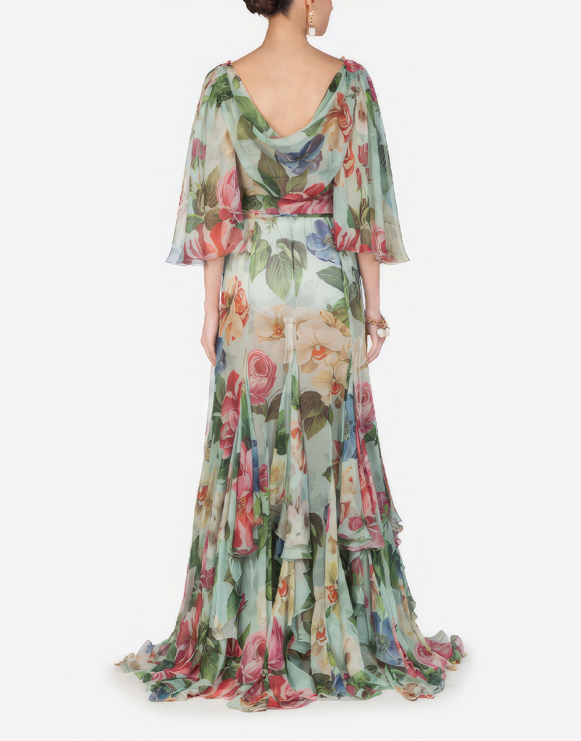 Dolce & Gabbana Chiffon Flora Flutter-Sleeve Gown