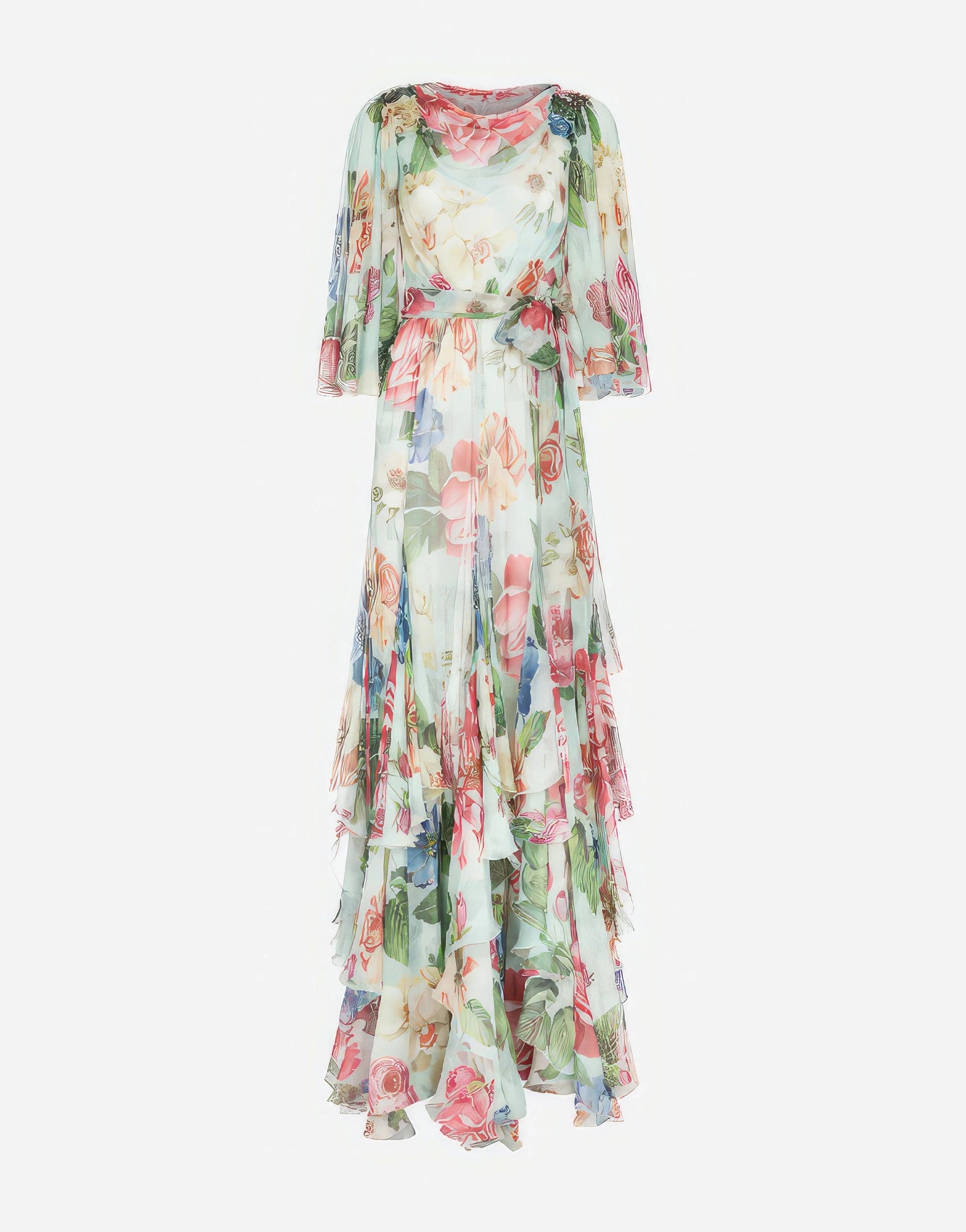 Dolce & Gabbana Chiffon Flora Flutter-Sleeve Gown