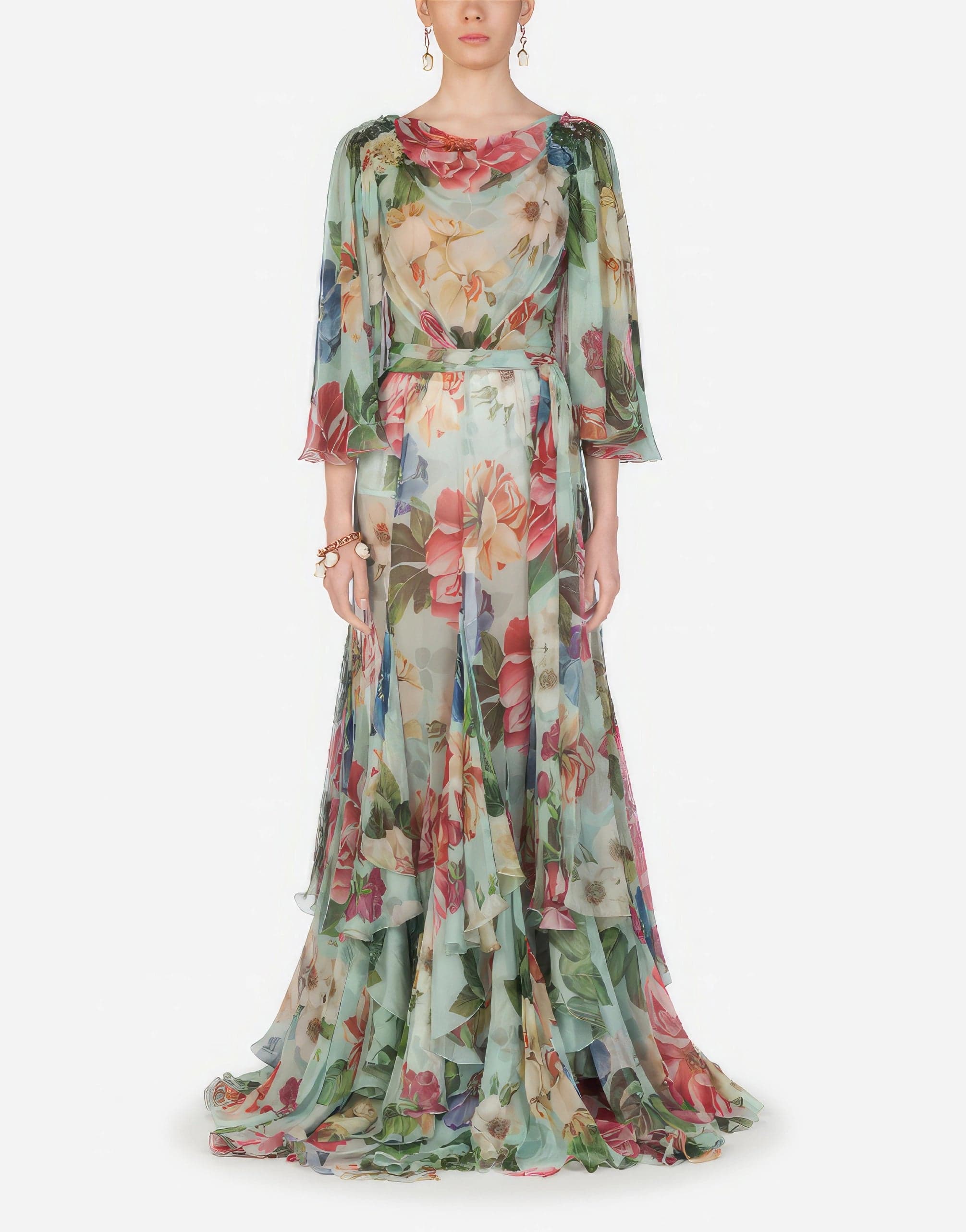 Dolce & Gabbana Chiffon Flora Flutter-Sleeve Gown