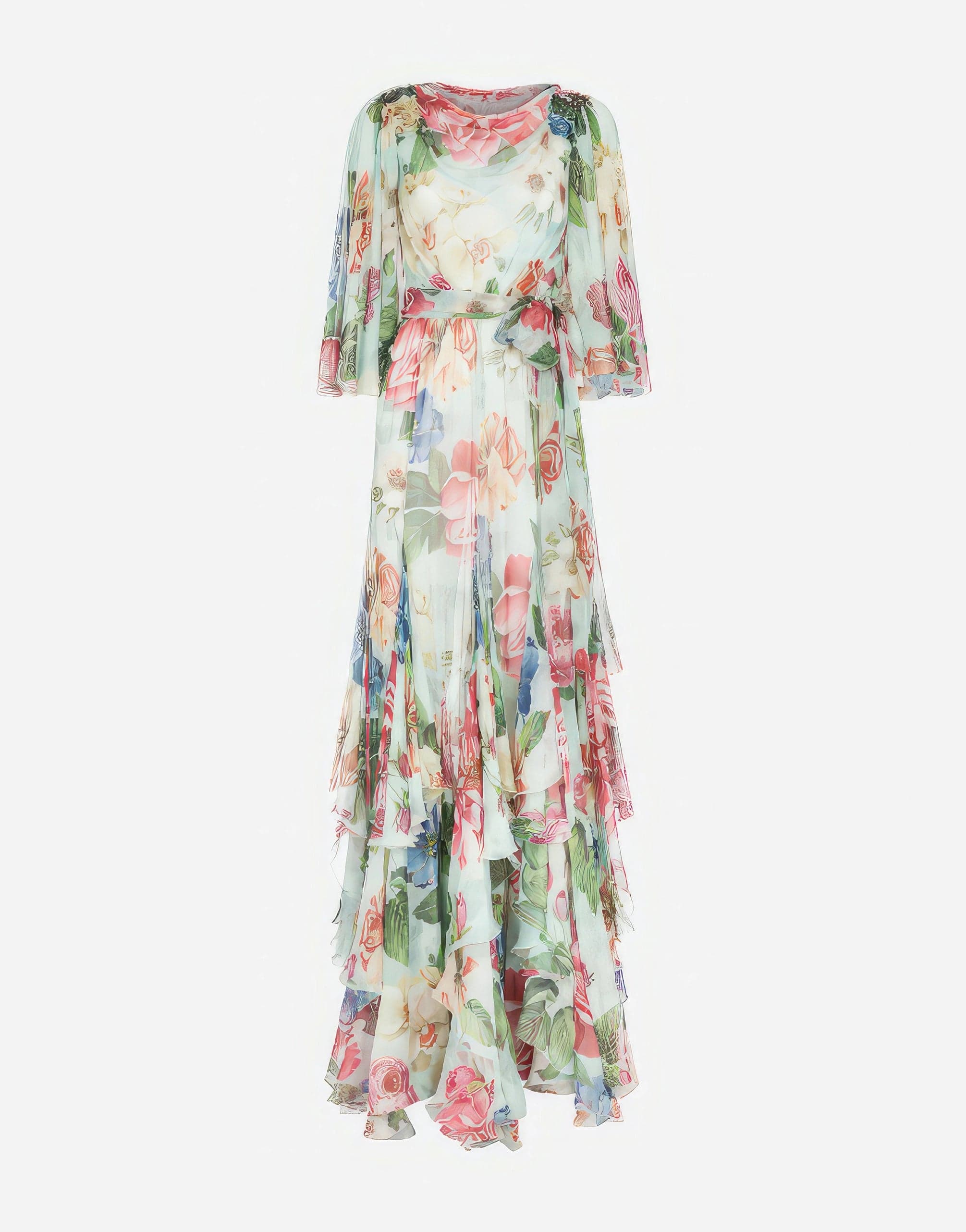 Dolce & Gabbana Chiffon Floral-Silk Flutter-Sleeve Gown