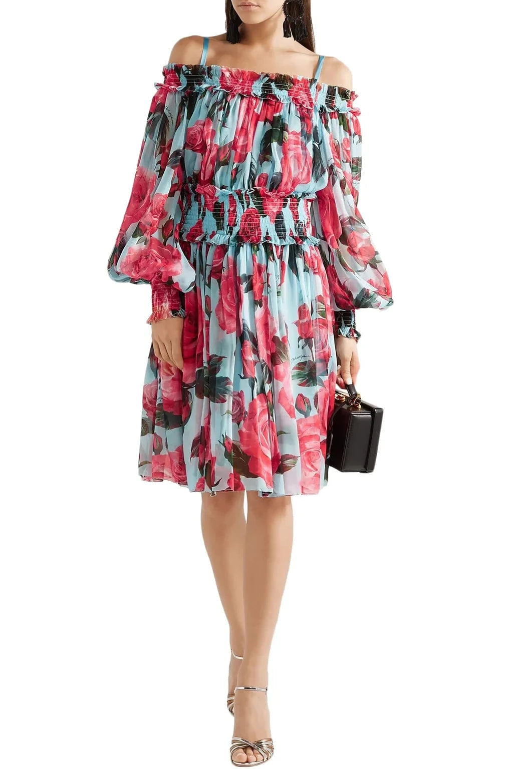 Dolce & Gabbana Cold-Shoulder Floral-Print Silk Dress