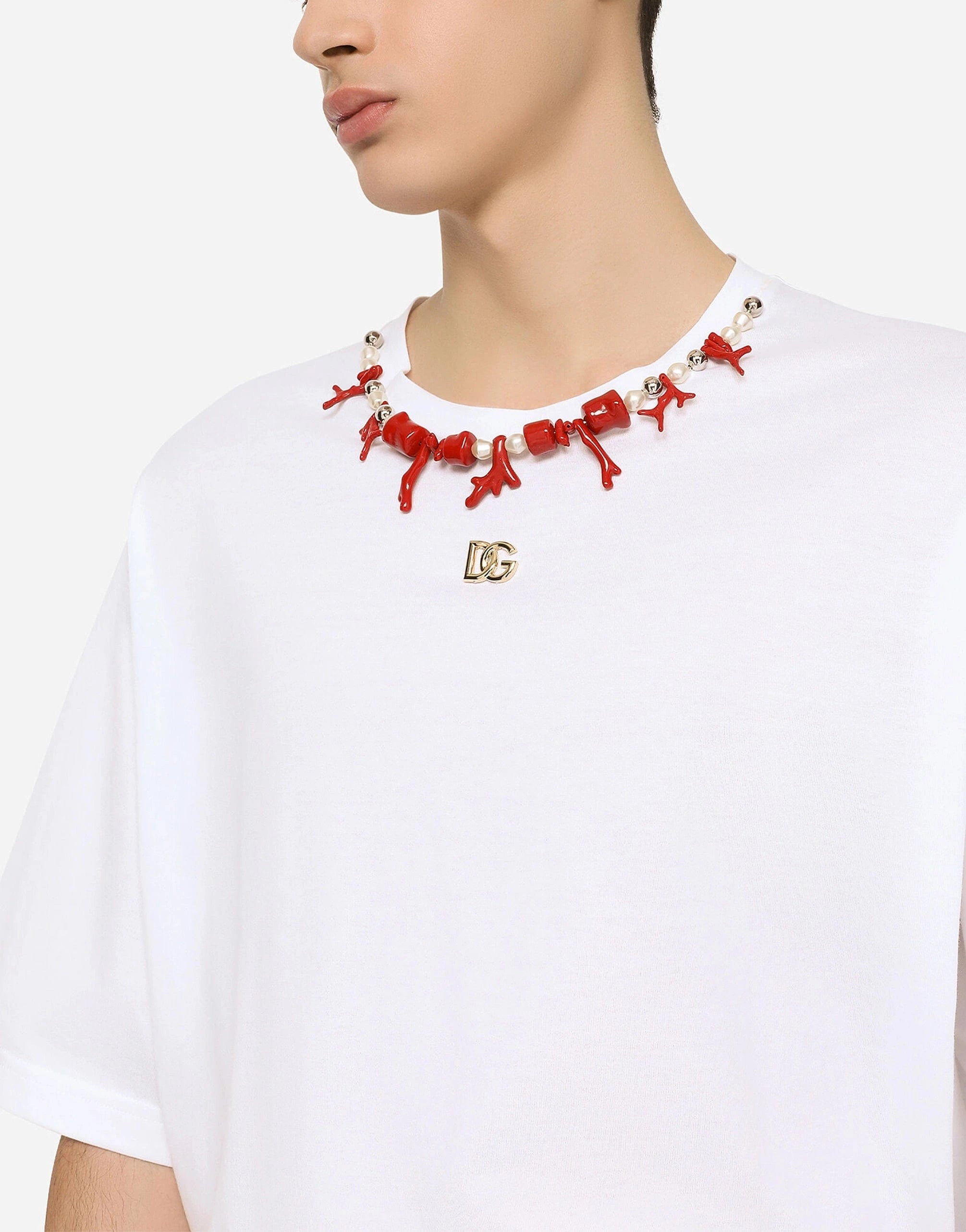 Dolce & Gabbana Coral Necklace And DG Patch T-Shirt