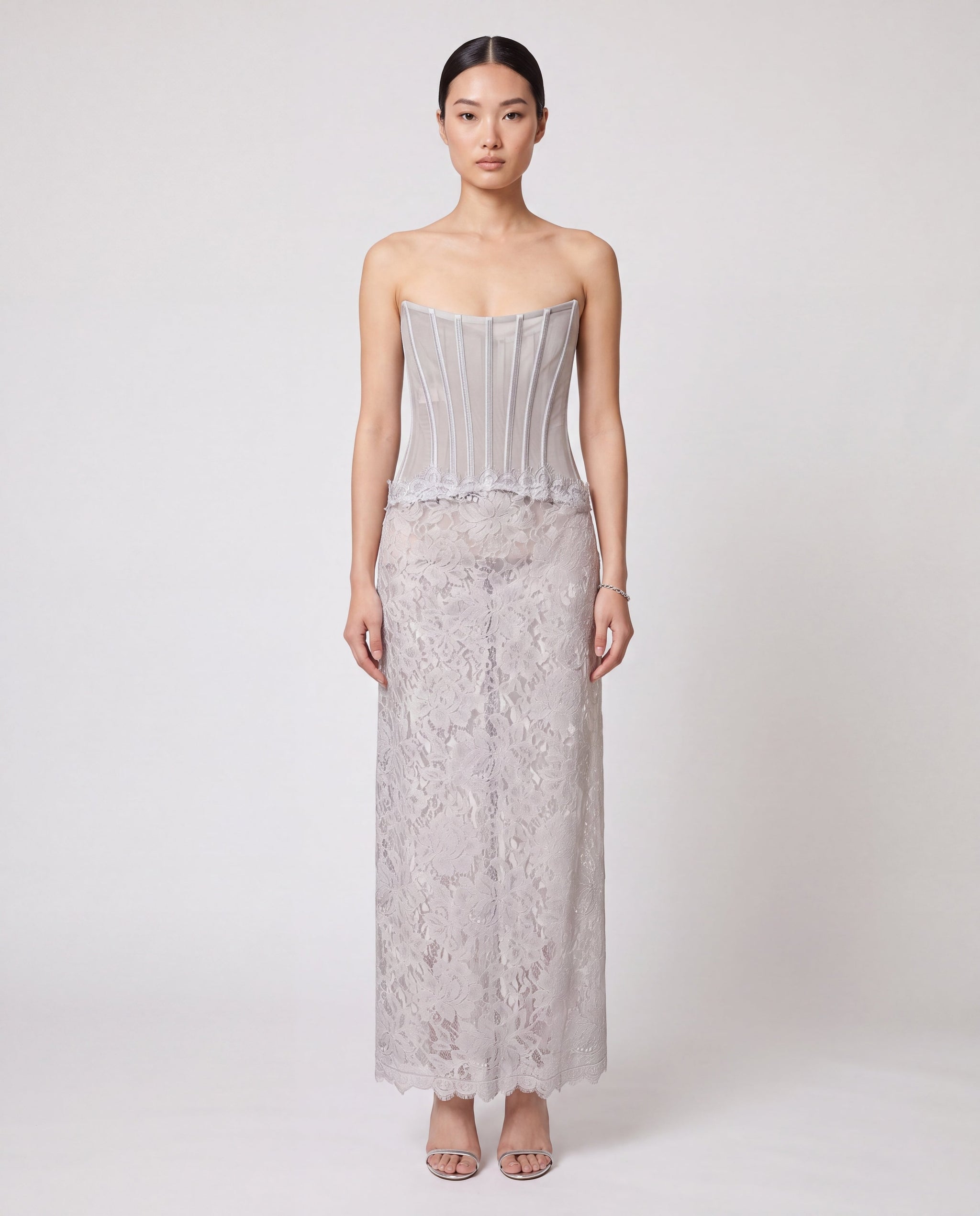Dolce & Gabbana Gray Lace Corset Style Bodice Maxi Dress