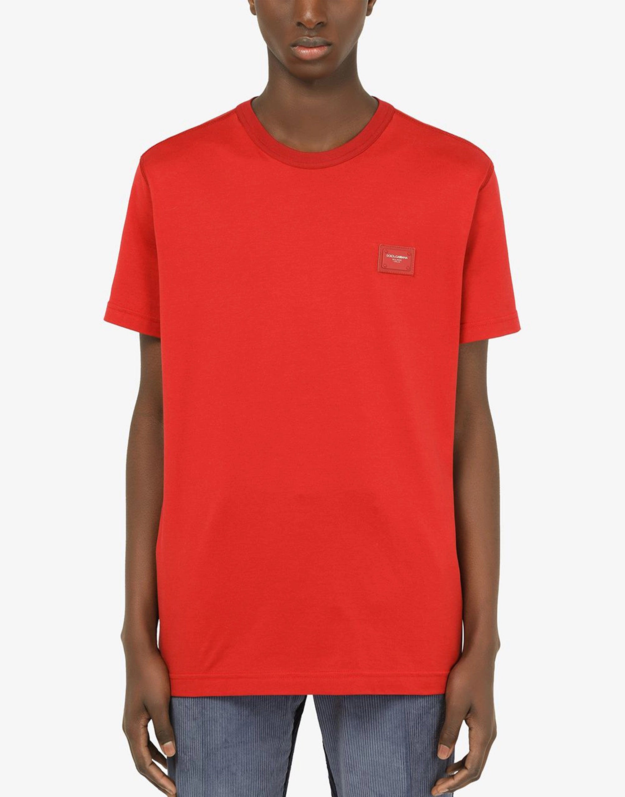 Cotton T-Shirt With Branded Plate In Red