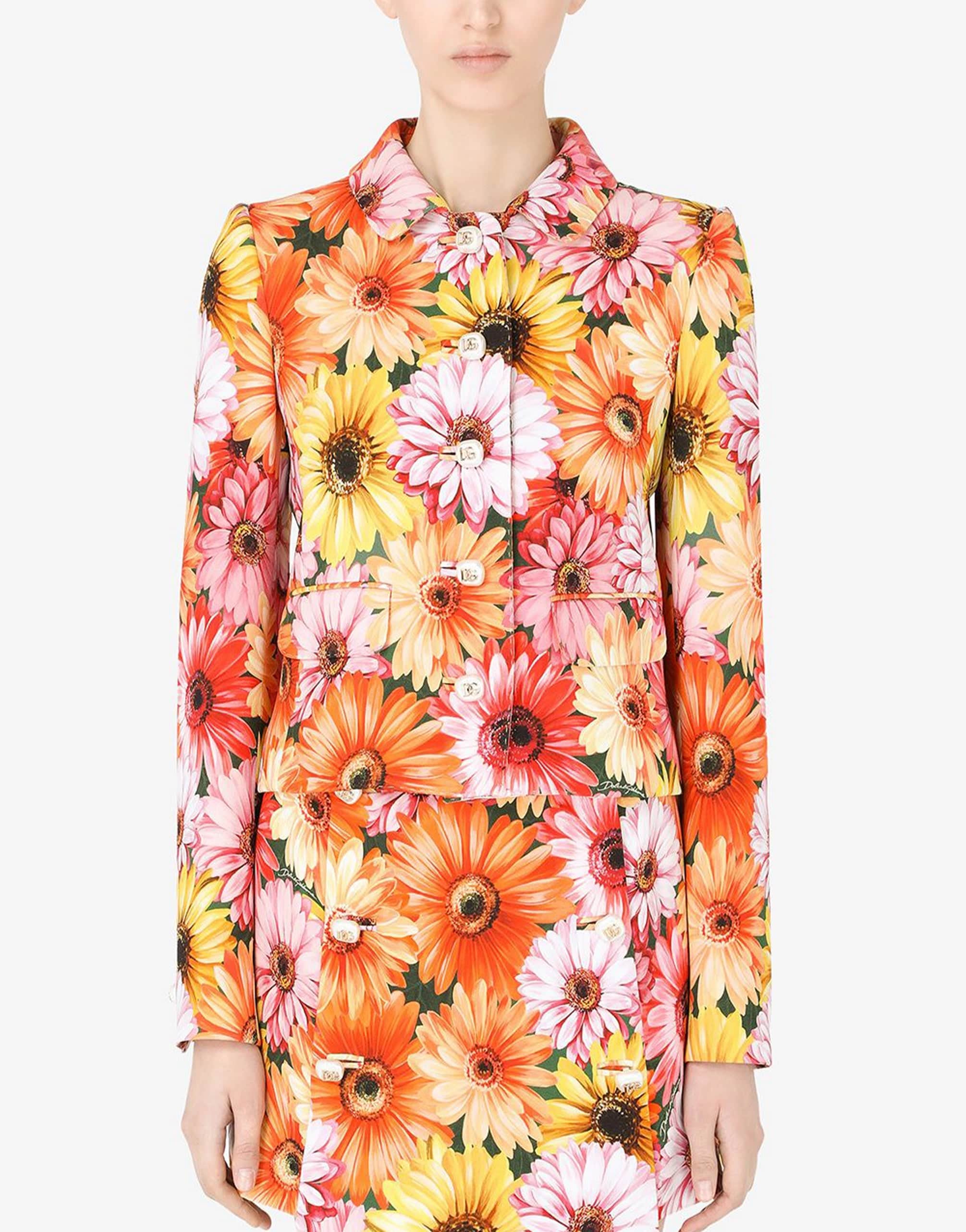 Dolce & Gabbana Cropped Cady Jacket With Gerbera-daisy Print And Pearl DG Buttons