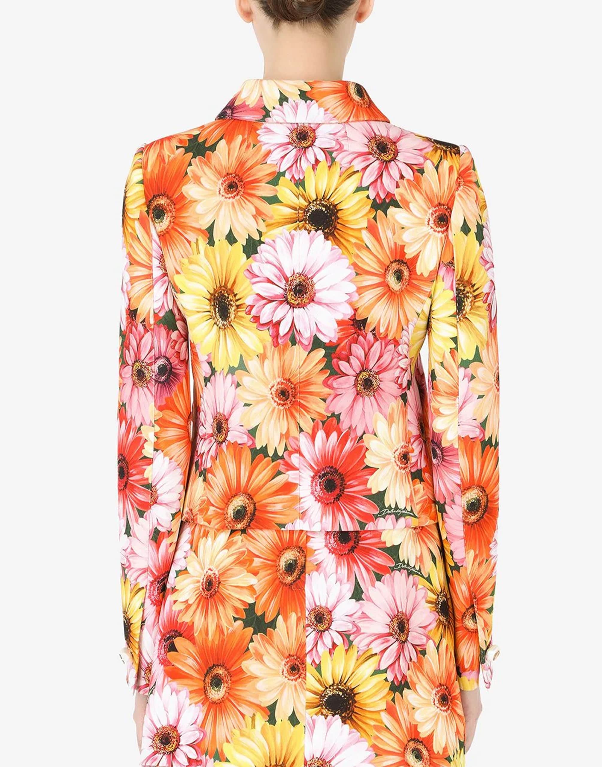 Dolce & Gabbana Cropped Cady Jacket With Gerbera-daisy Print And Pearl DG Buttons