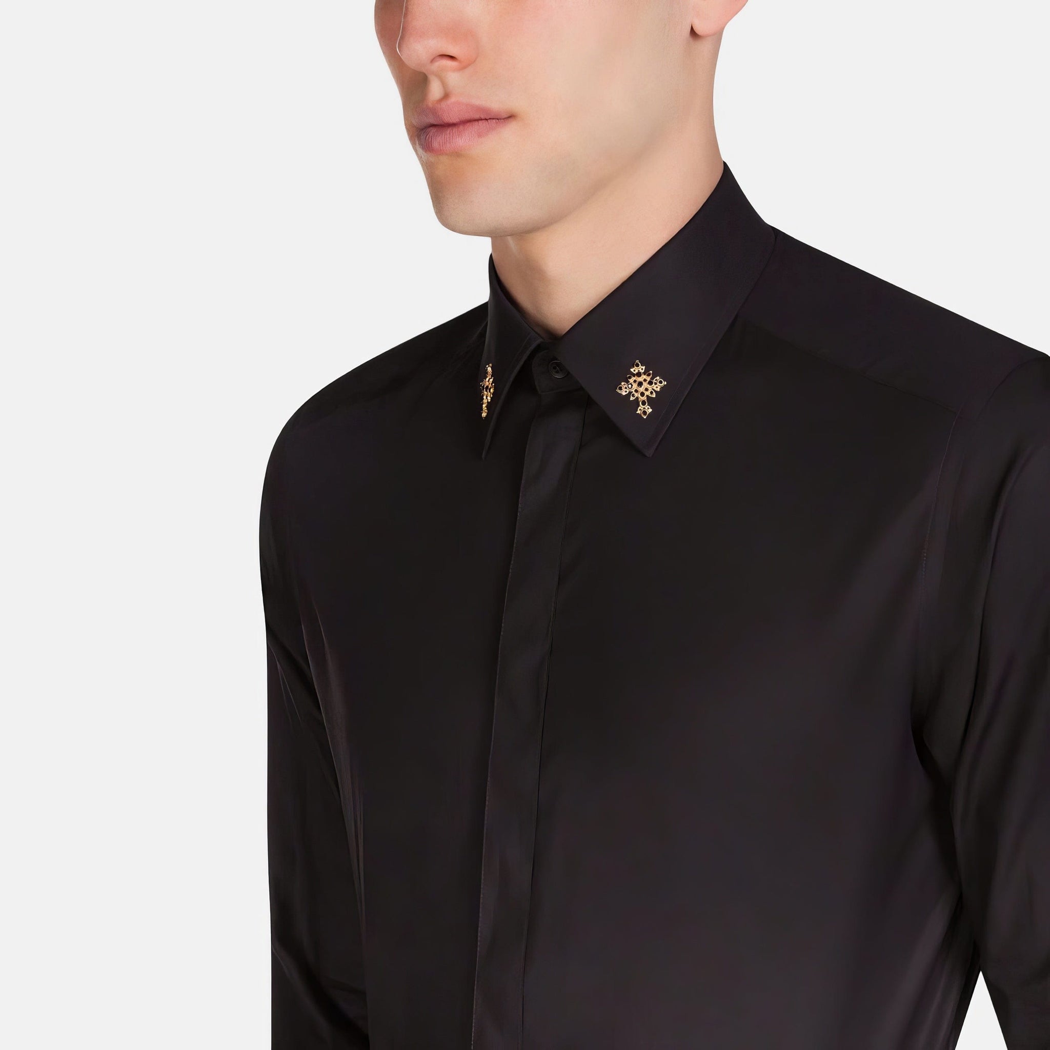 Dolce & Gabbana Black GOLD Cross Embellished Men Dress Shirt IT37 Dolce & Gabbana Black GOLD Cross Embellished Men Dress Shirt IT37