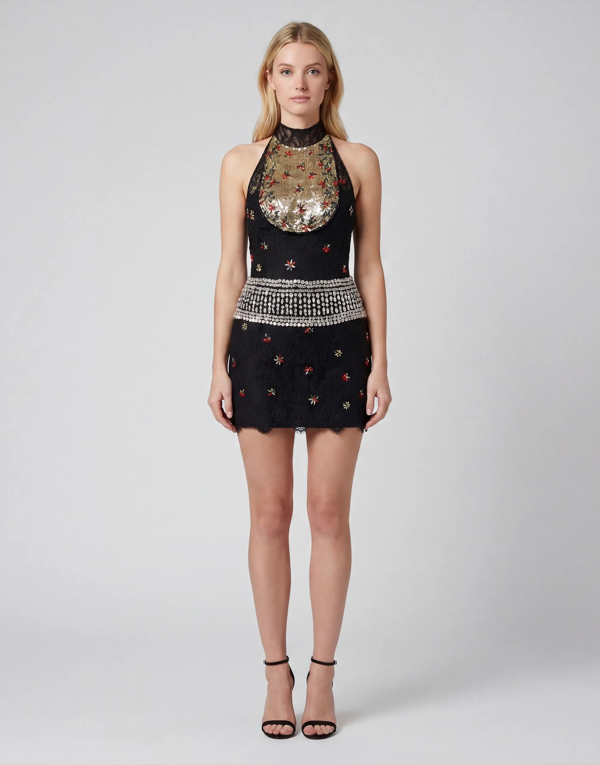 Crystal Embellished Lace Halter Mini Dress - alternate view