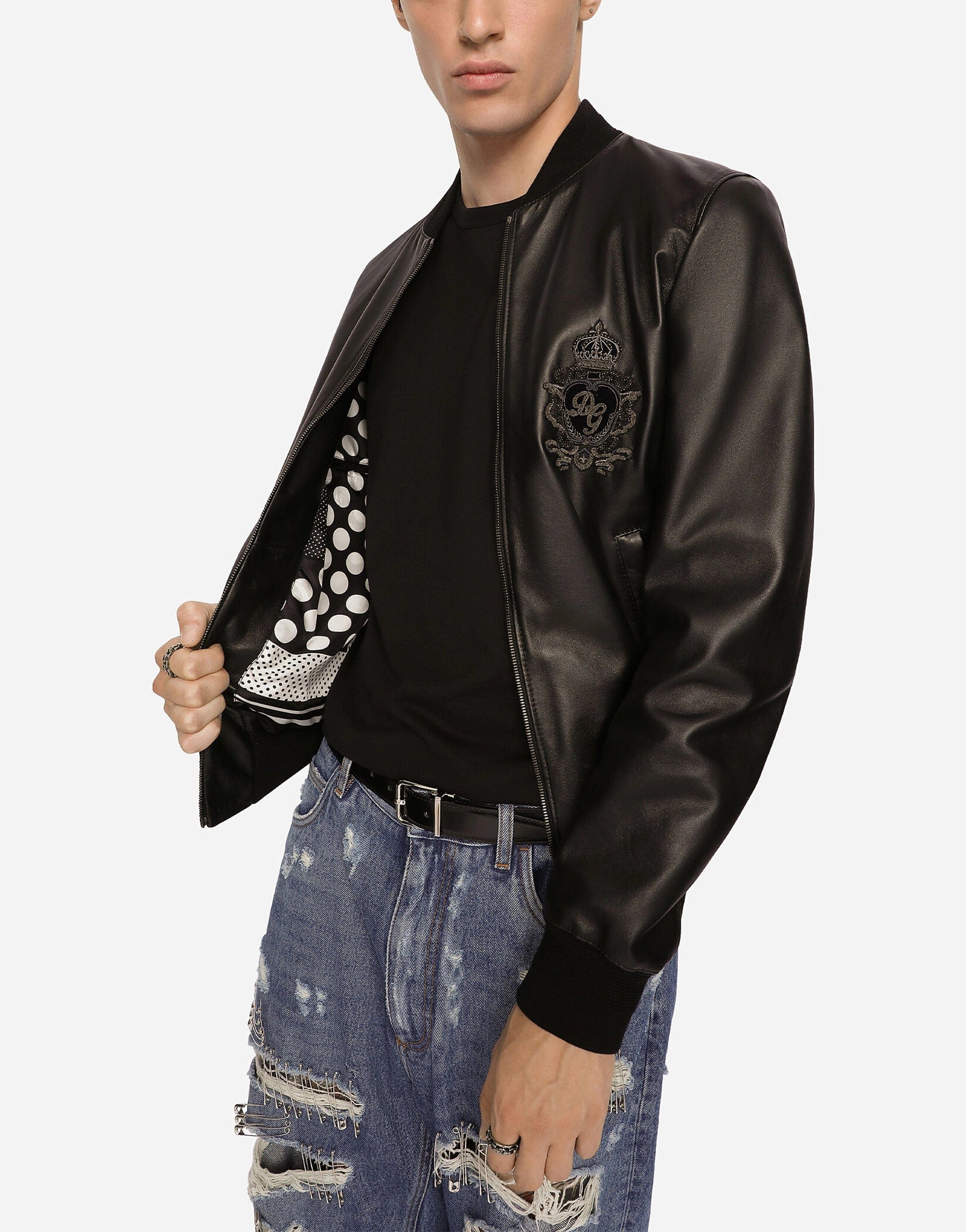 Dolce & Gabbana DG Patch Leather Bomber Jacket