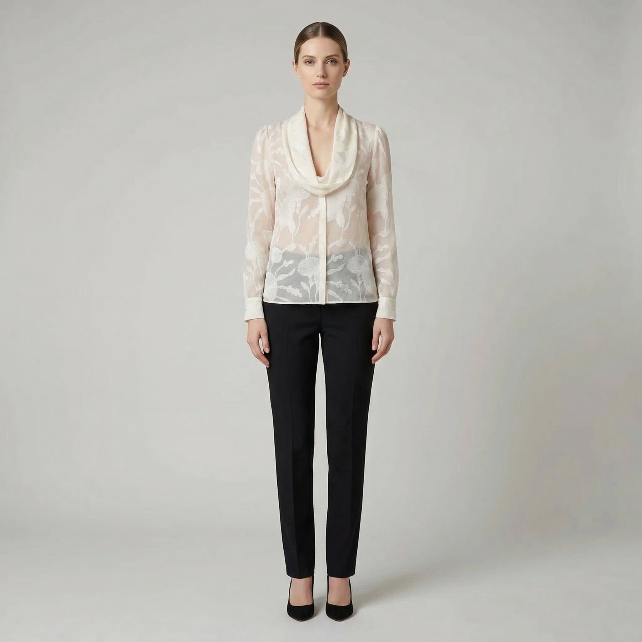 Draped Neck Sheer Floral Blouse - alternate view
