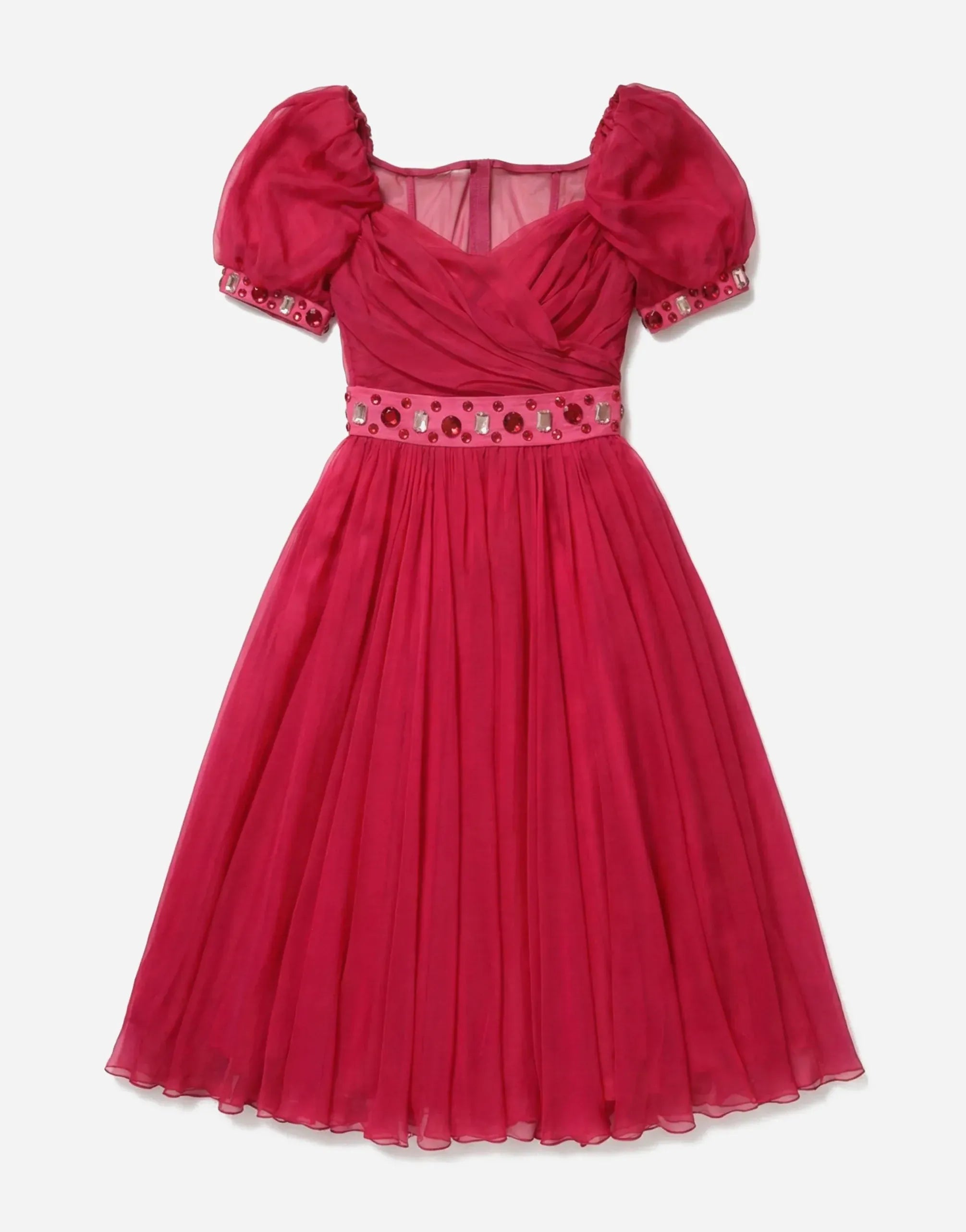 Dolce & Gabbana Embellished Puff-Sleeve Silk A-Line Midi Dress