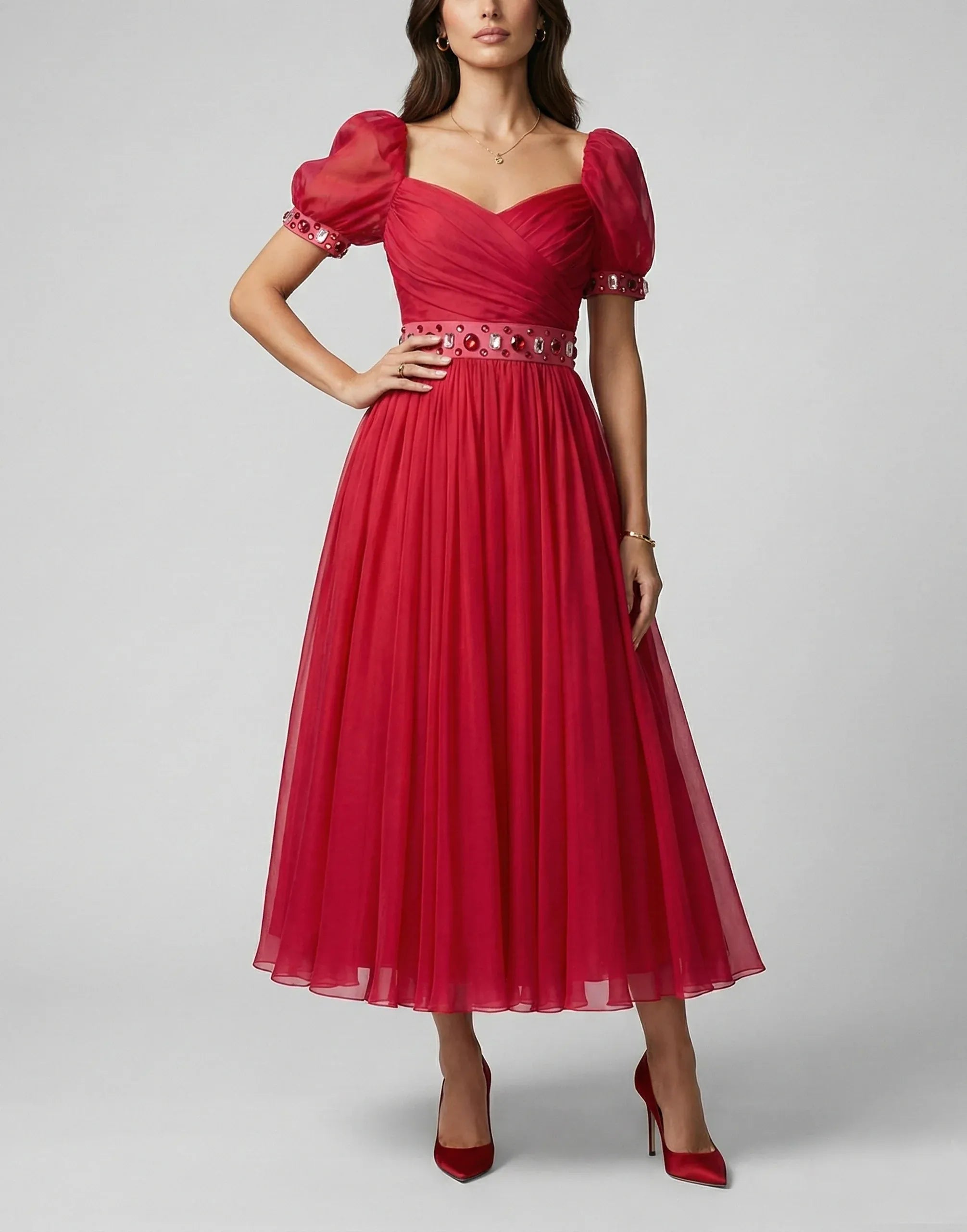 Dolce & Gabbana Embellished Puff-Sleeve Silk A-Line Midi Dress