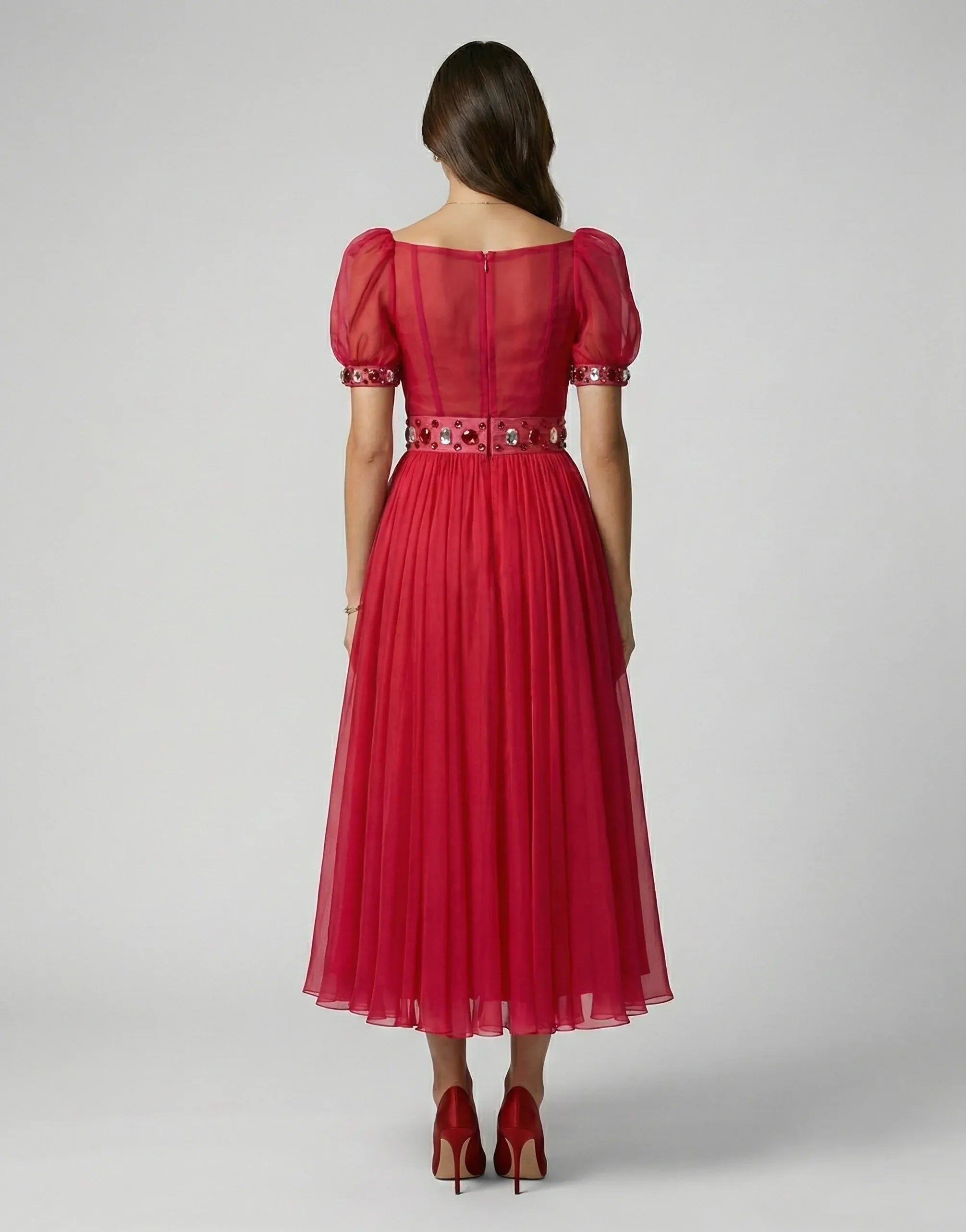 Dolce & Gabbana Embellished Puff-Sleeve Silk A-Line Midi Dress