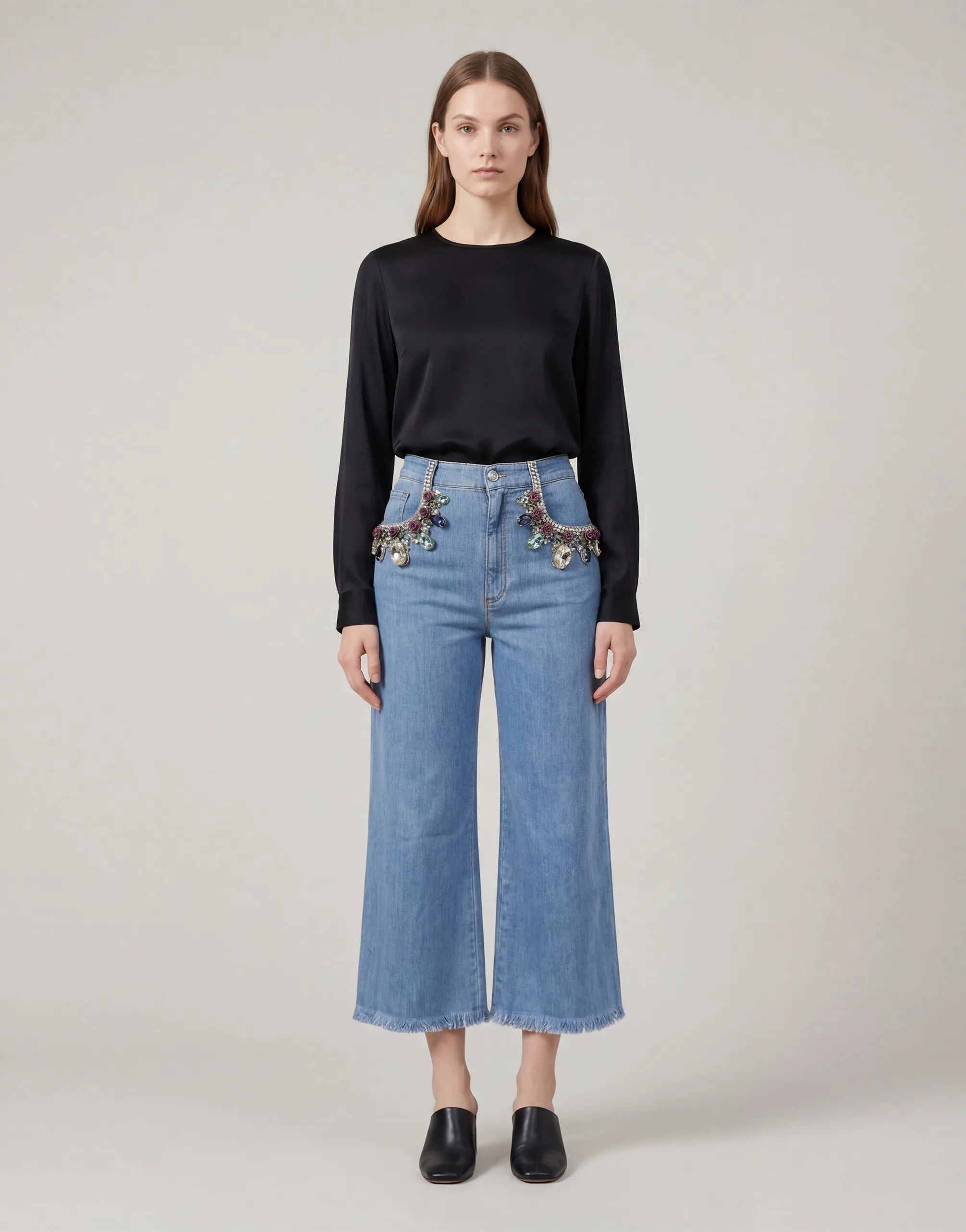 Embellished Wide-Leg Cropped Denim Jeans - alternate view