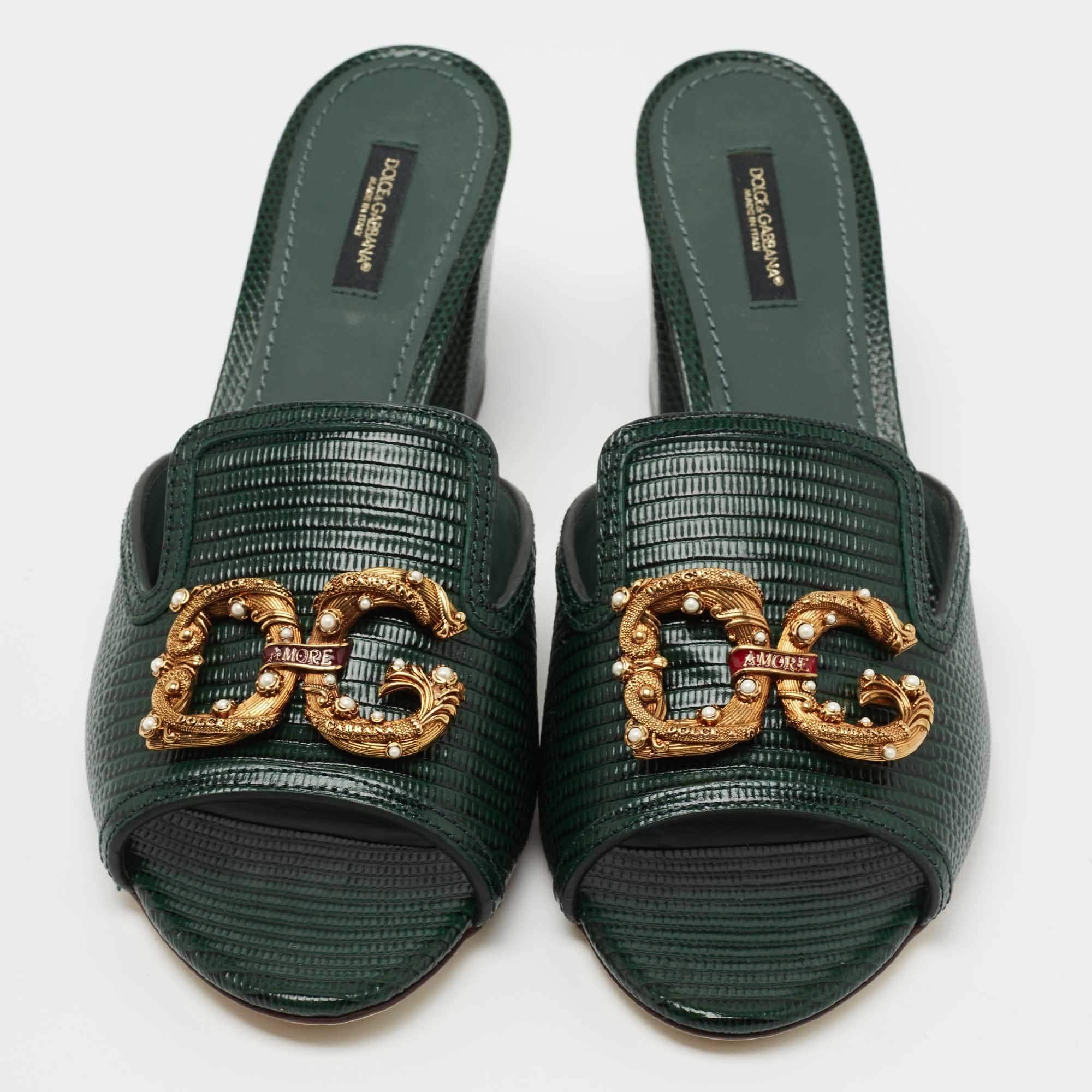 Dolce & Gabbana Embossed Lizard DG Amore Heeled Slides