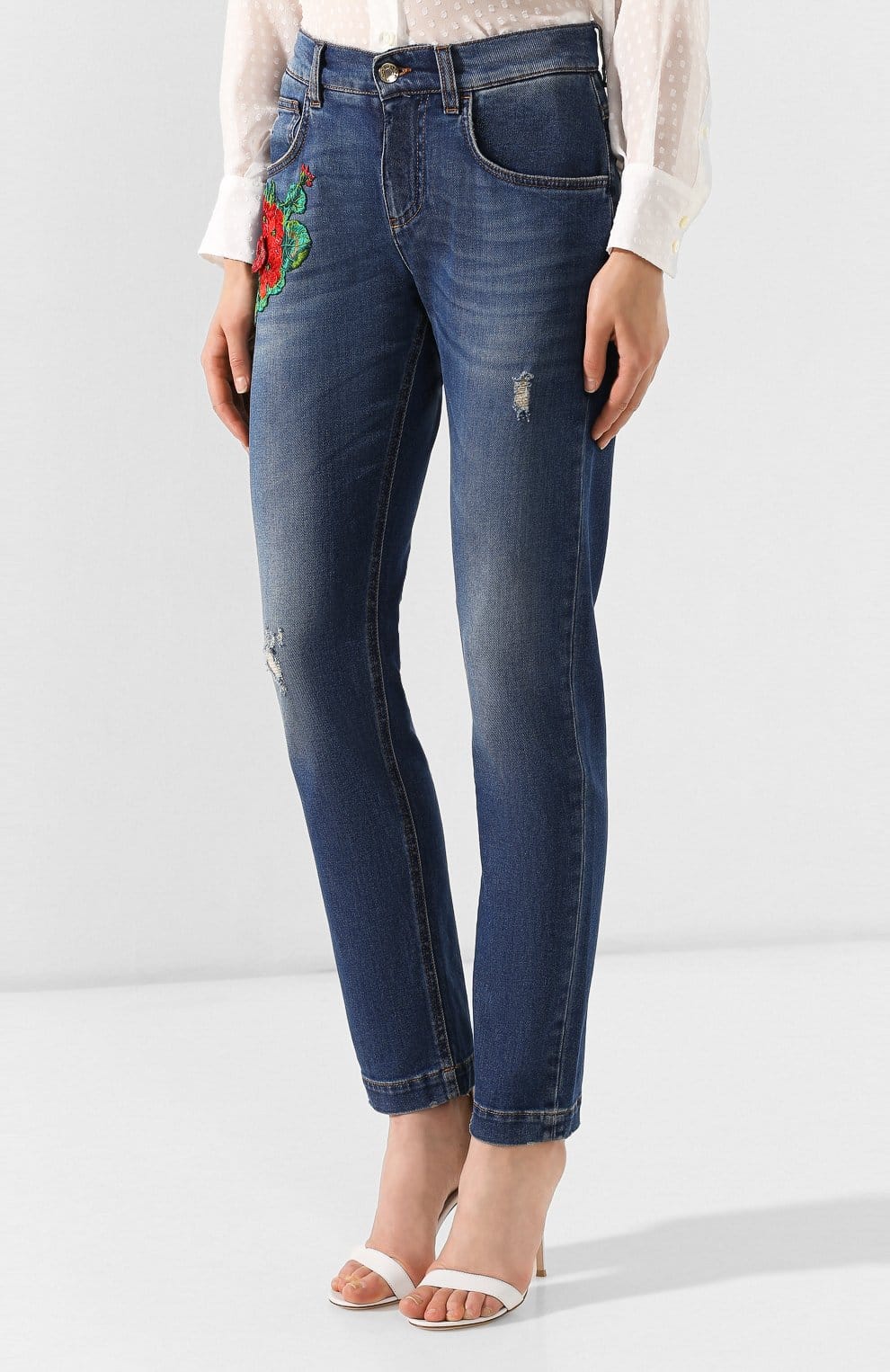 Dolce & Gabbana Embroidered Rose Slim-Fit Stretch Denim Jeans