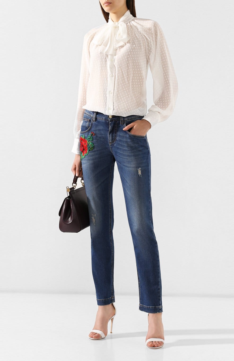 Dolce & Gabbana Embroidered Rose Slim-Fit Stretch Denim Jeans