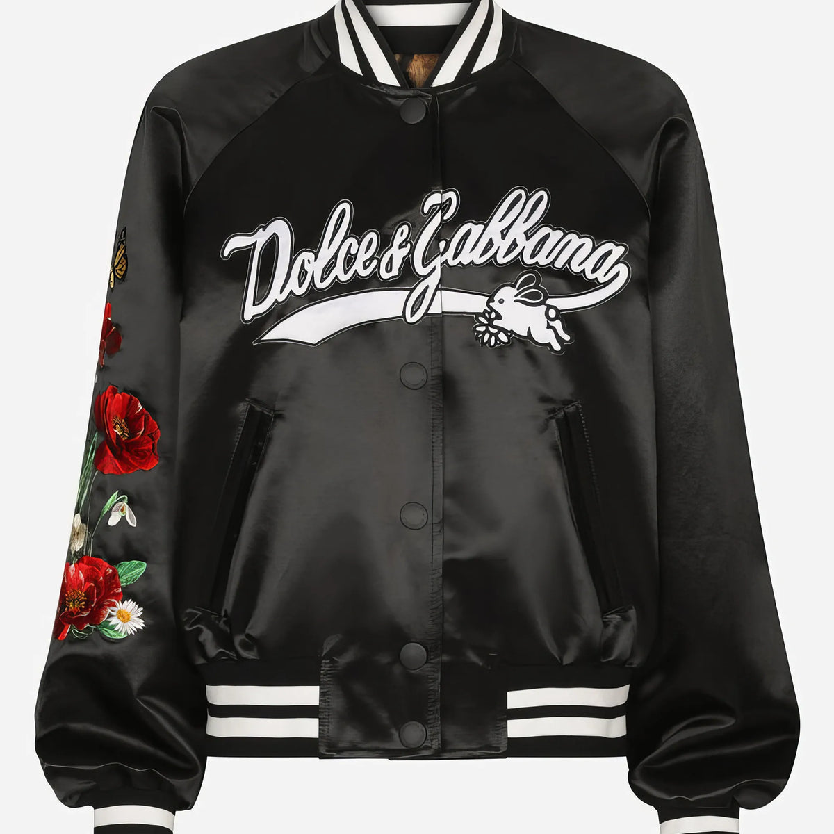 archive DOLCE&GABBANA satin jacket ジャケット Dolce & Gabbana Embroidered Satin Varsity Jacket with Floral