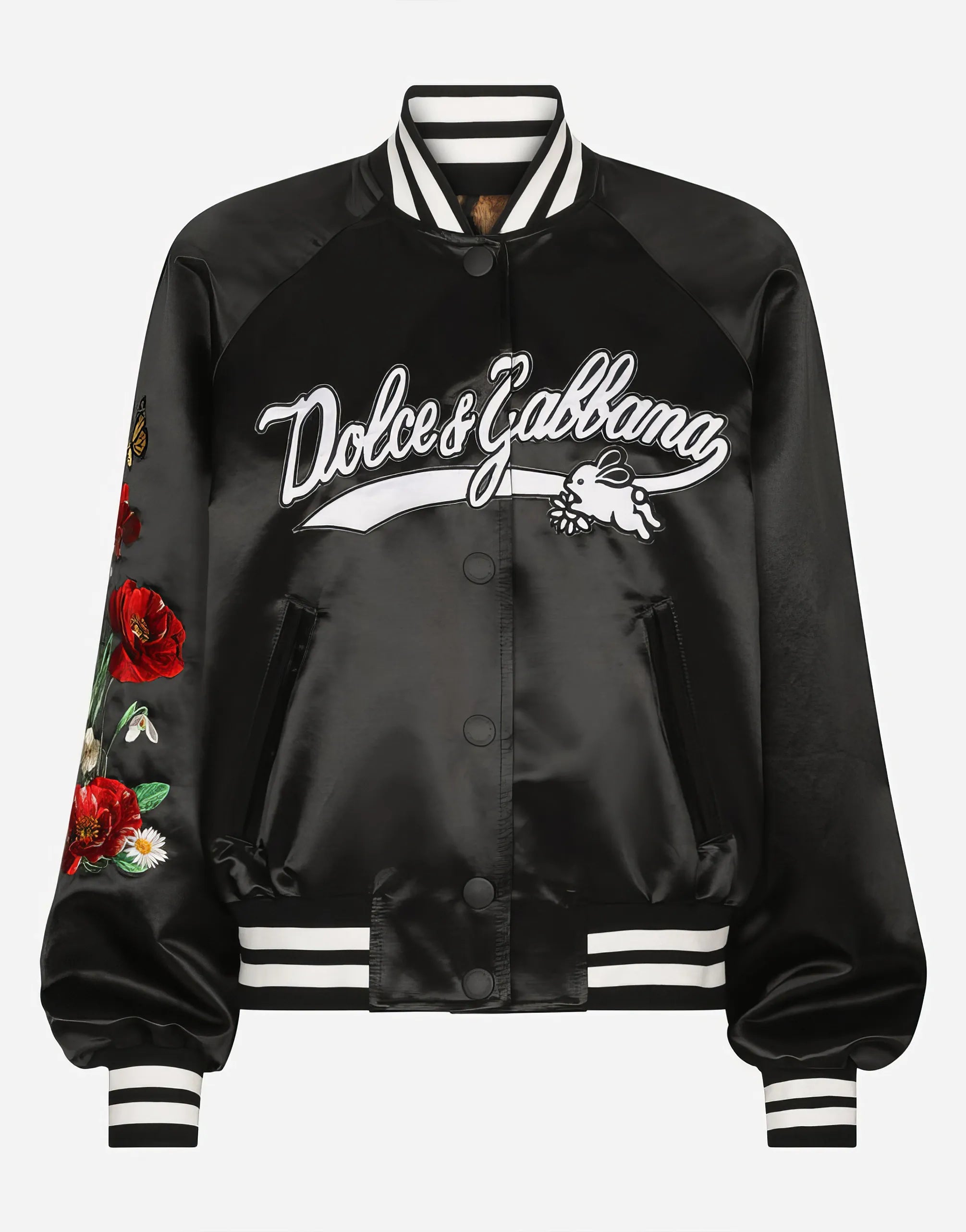 Dolce & Gabbana Embroidered Satin Varsity Jacket with Floral Detail
