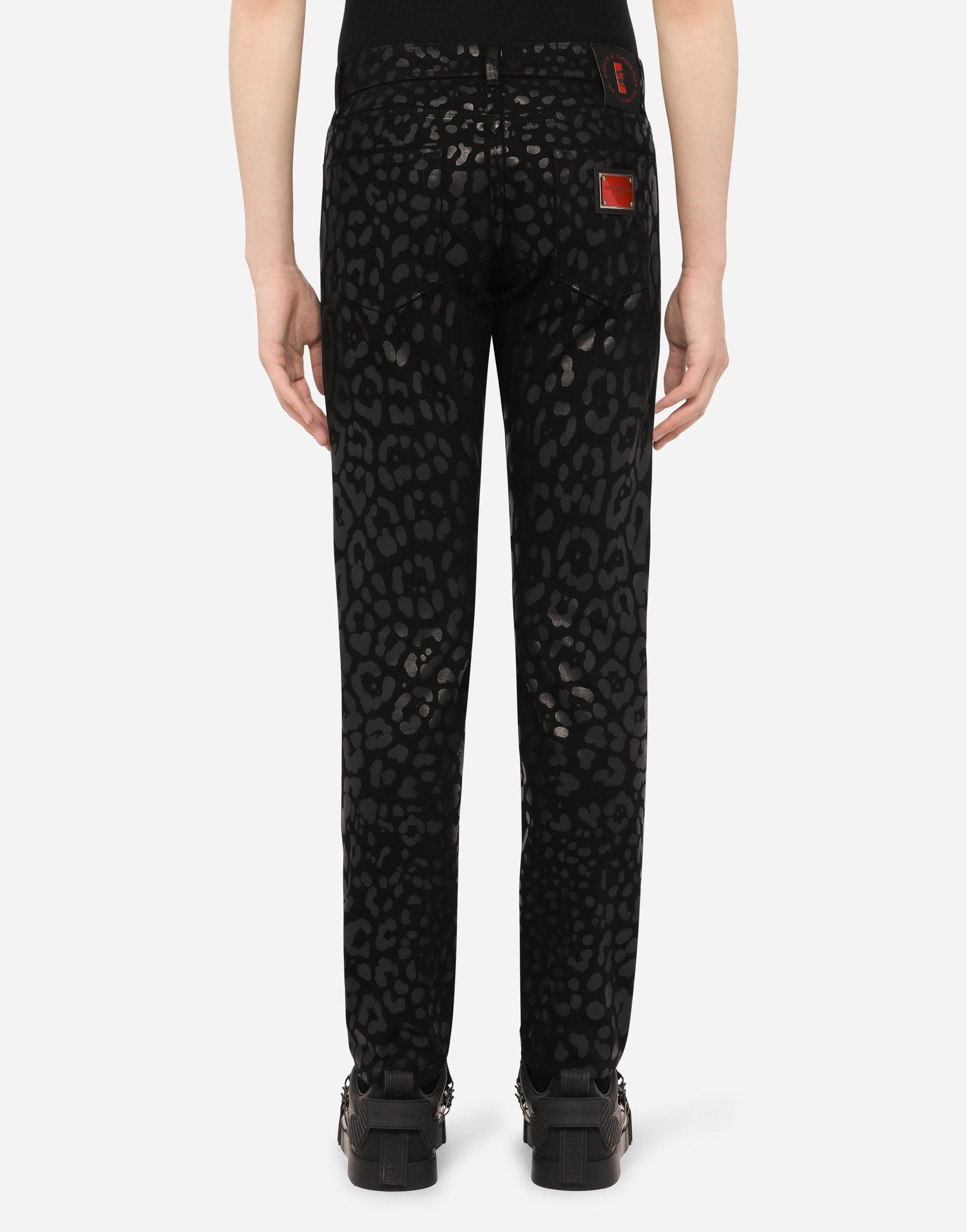 Flocked Leopard-Print Slim-Fit Jeans