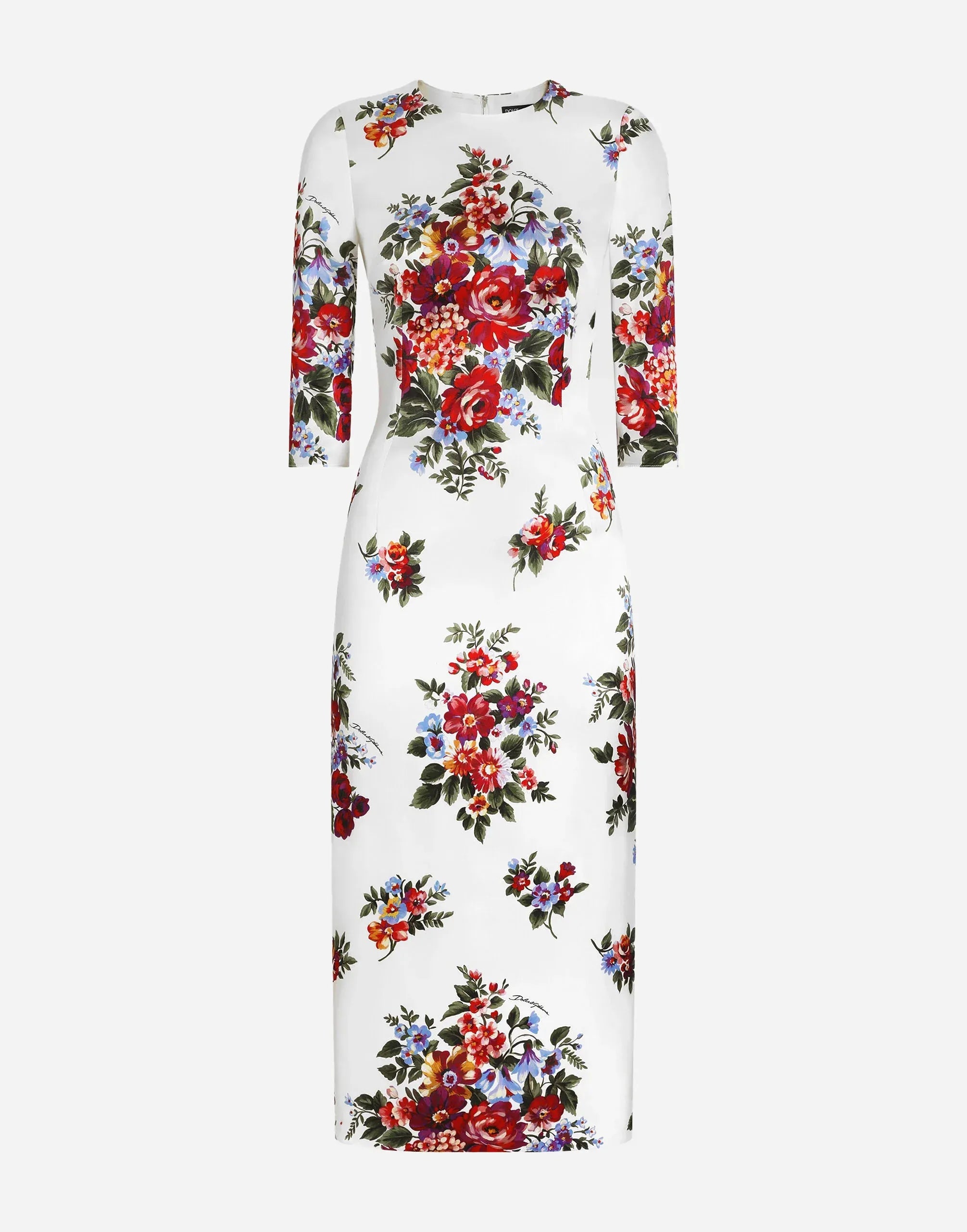 Dolce & Gabbana Floral Bouquet-Print Satin Sheath Dress