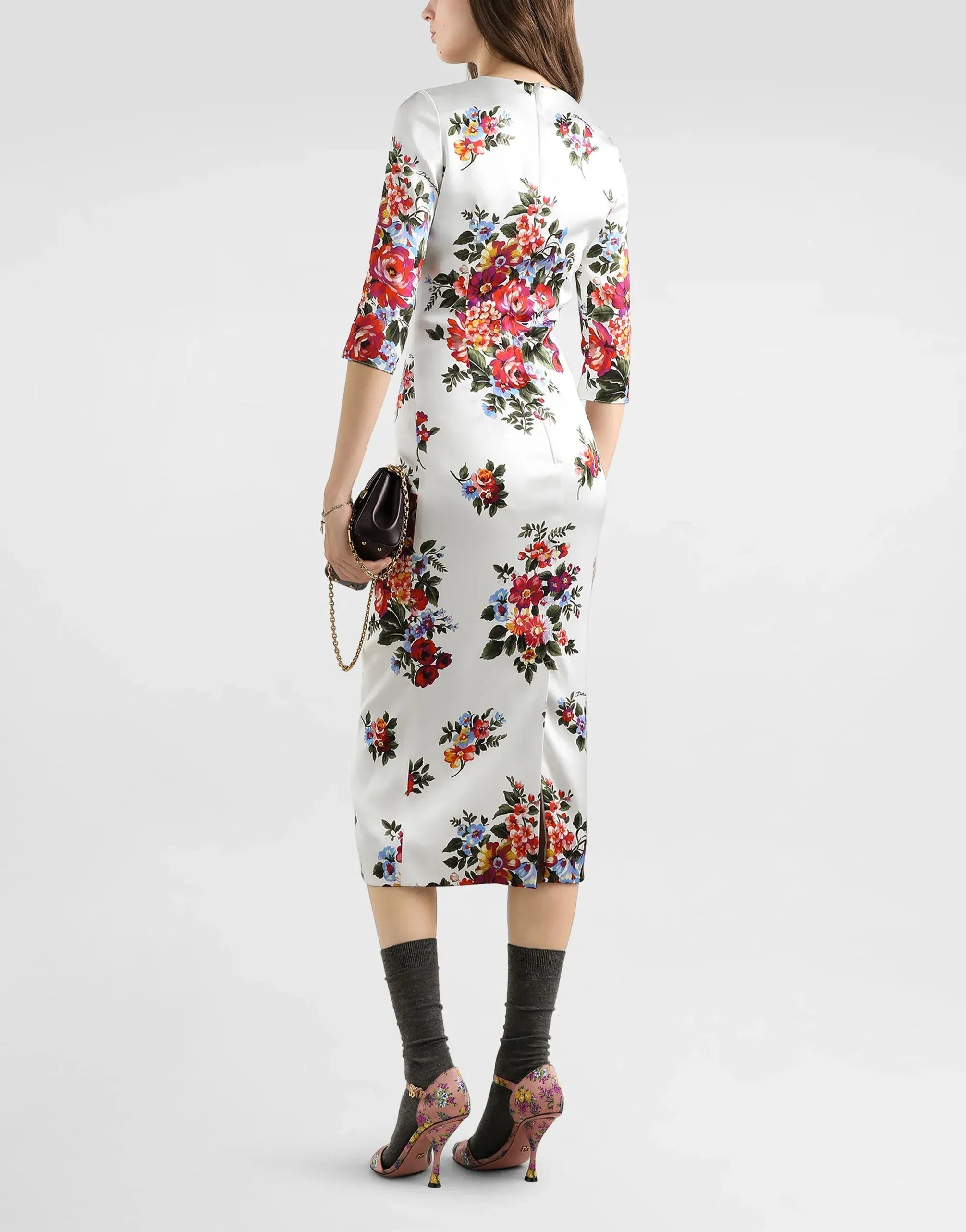 Dolce & Gabbana Floral Bouquet-Print Satin Sheath Dress