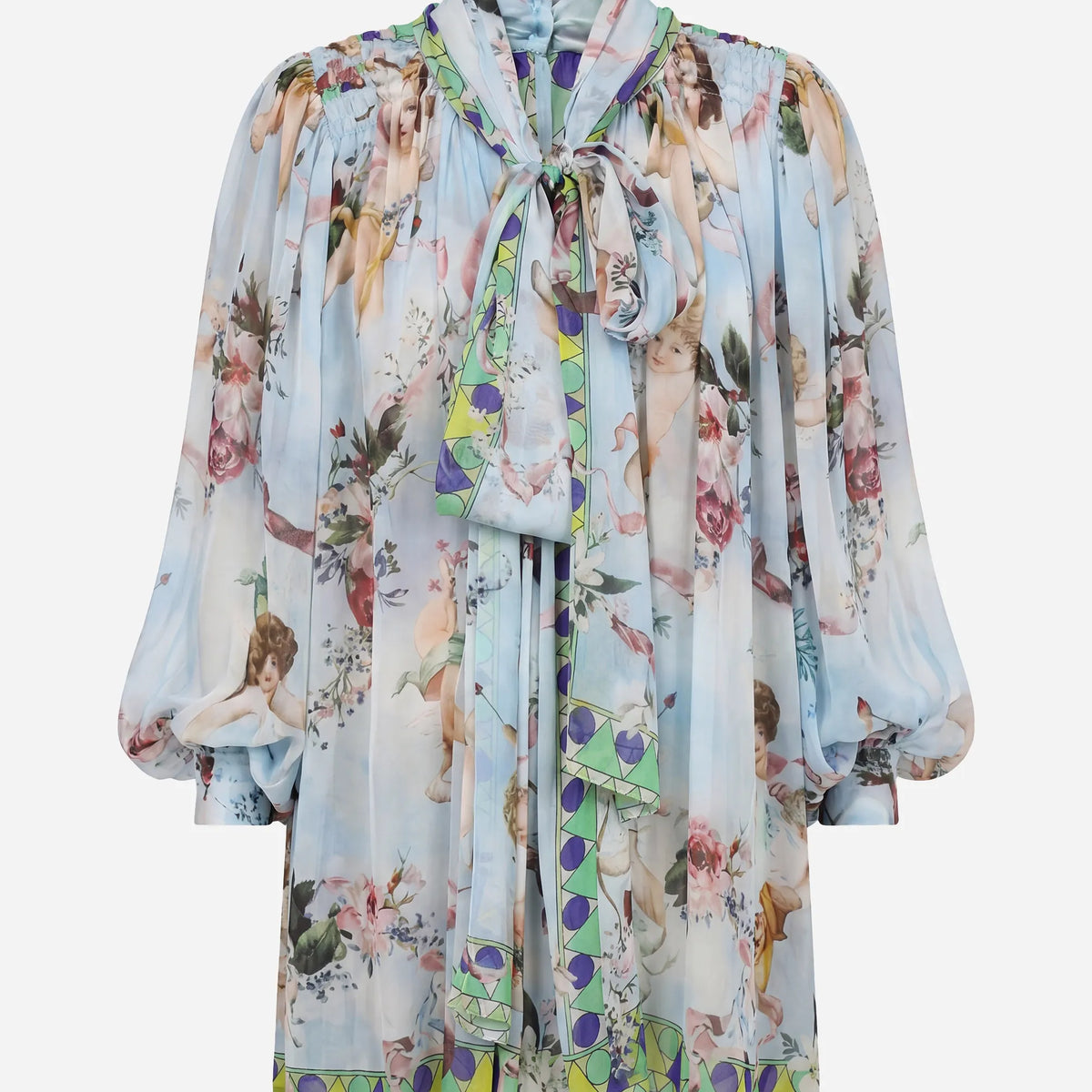 Dolce & Gabbana 花柄ケルビムプリント シルクタイネックブラウス