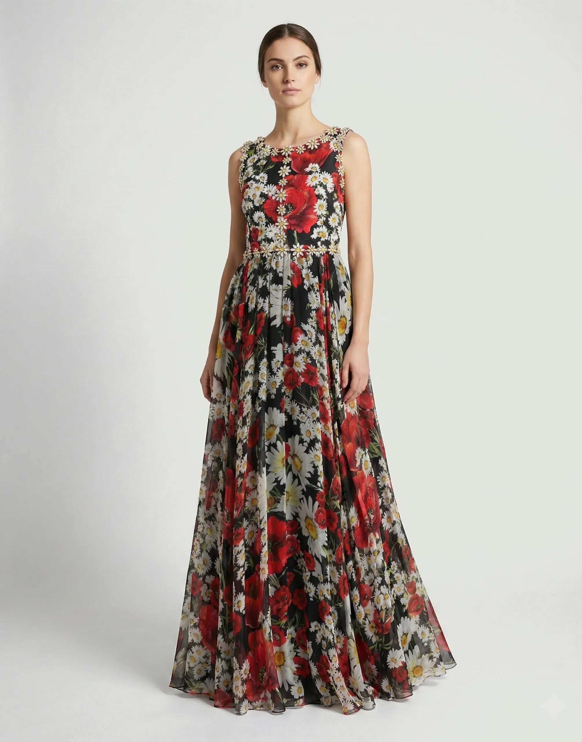 Robe longue en mousseline ornée de fleurs  - alternate view