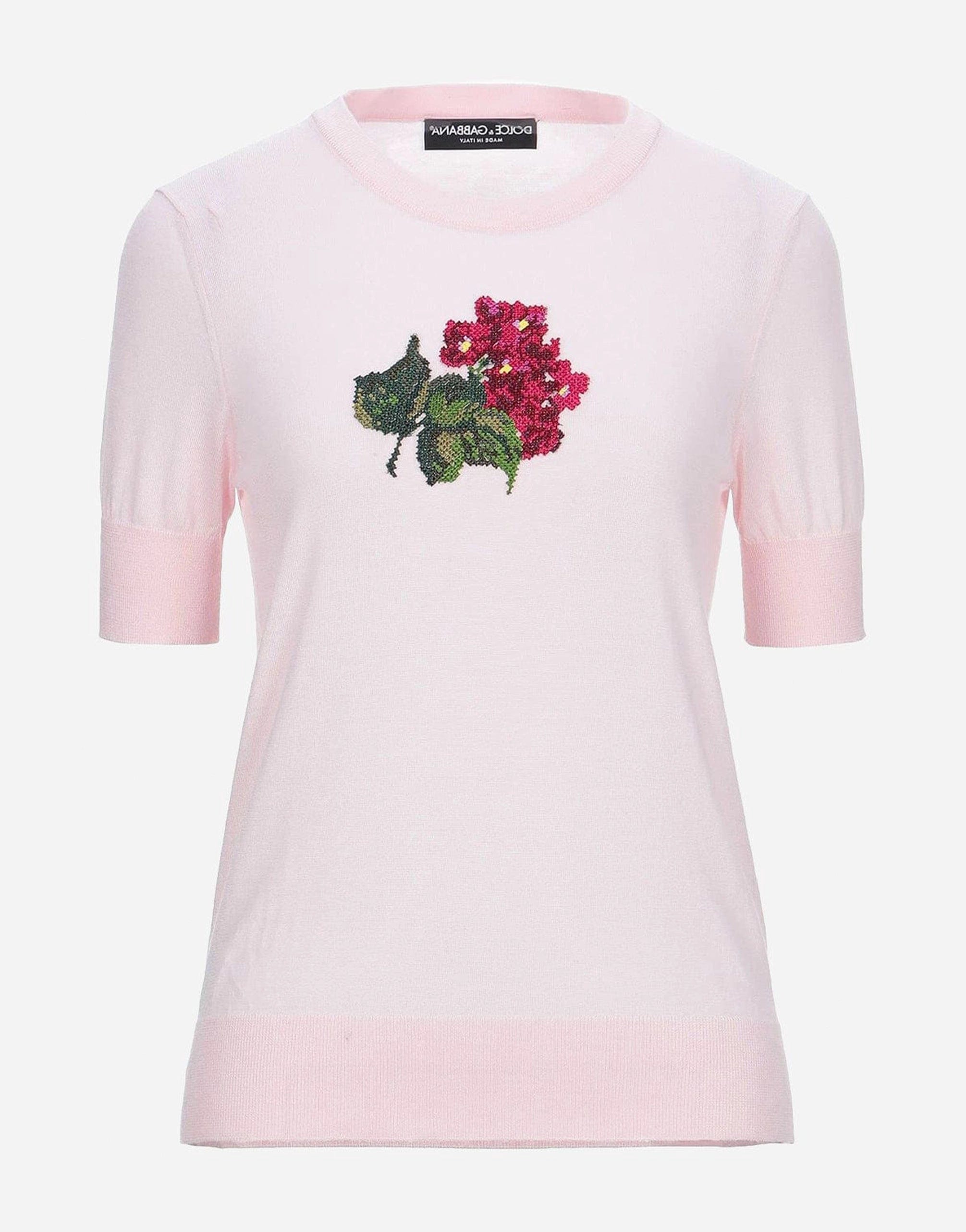 Dolce & Gabbana Floral-Embroidery Short Sleeve Cashmere Sweater