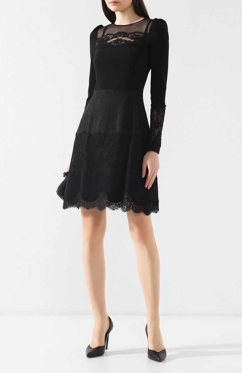 Dolce & Gabbana Black Floral Lace Trim Sheath A-Line Dress