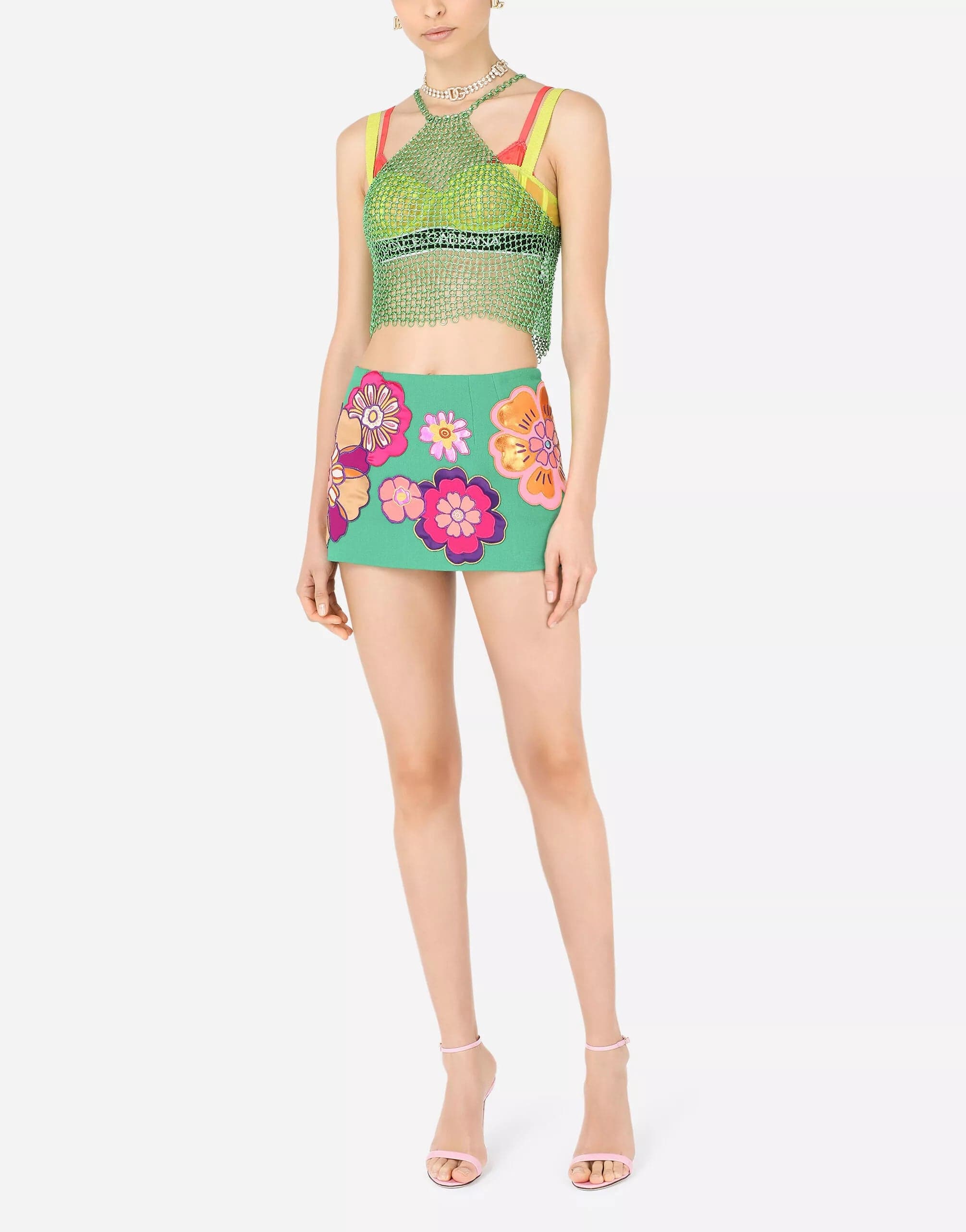 Dolce & Gabbana Floral Patches Wool Crepe Miniskirt