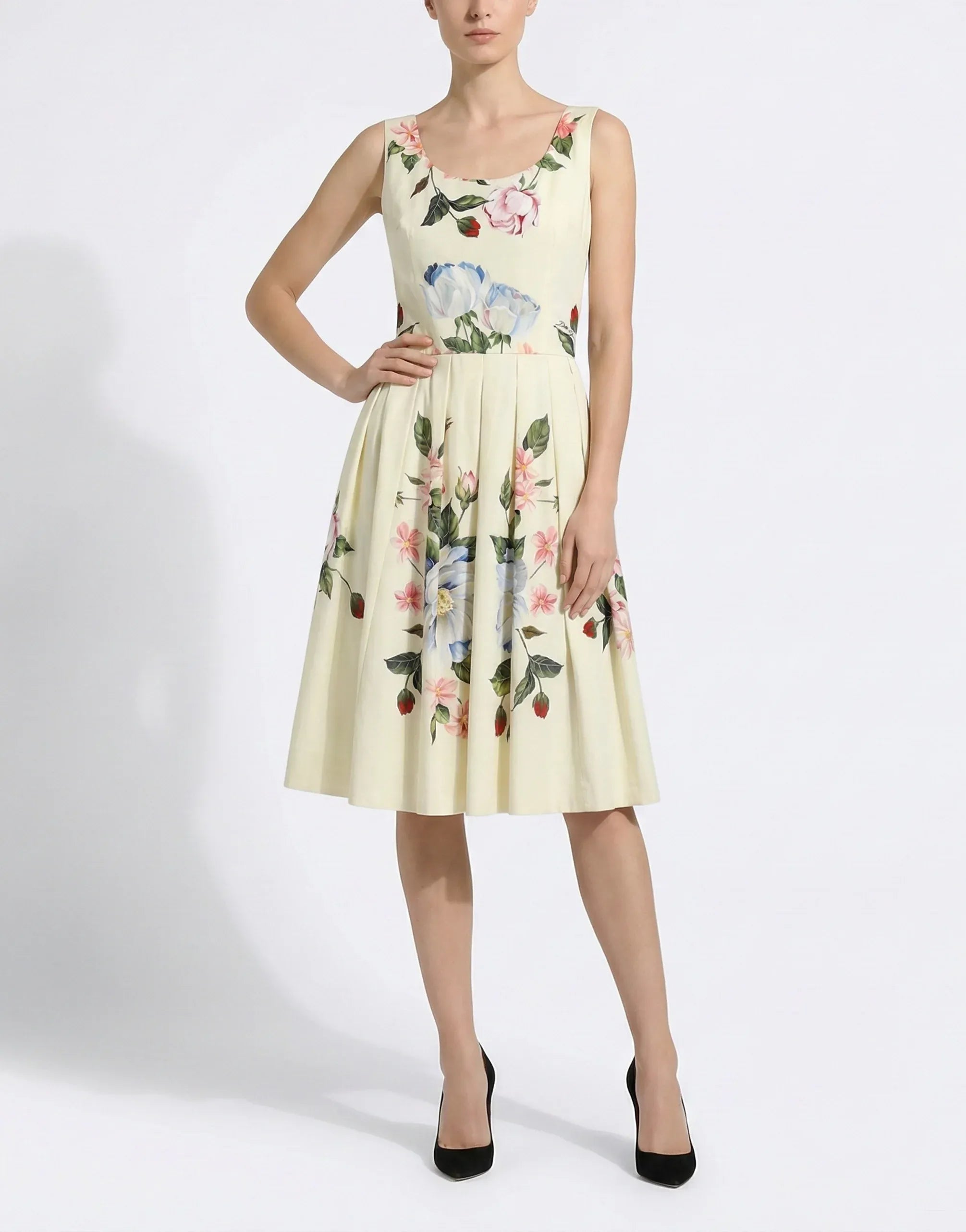 Dolce & Gabbana Beige Floral Sleeveless A-Line Dress