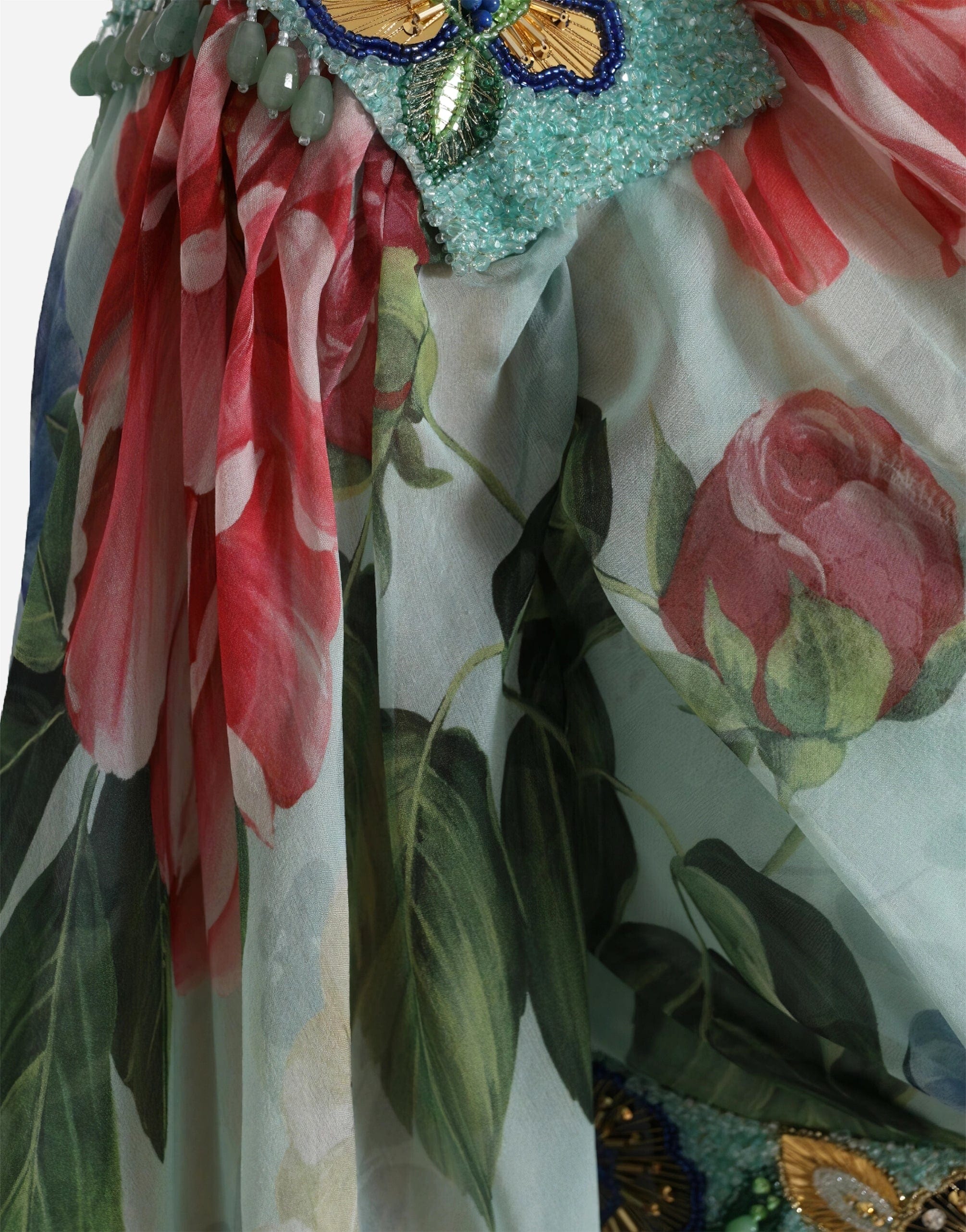 Floral Print Embellished Draped Neck Dress