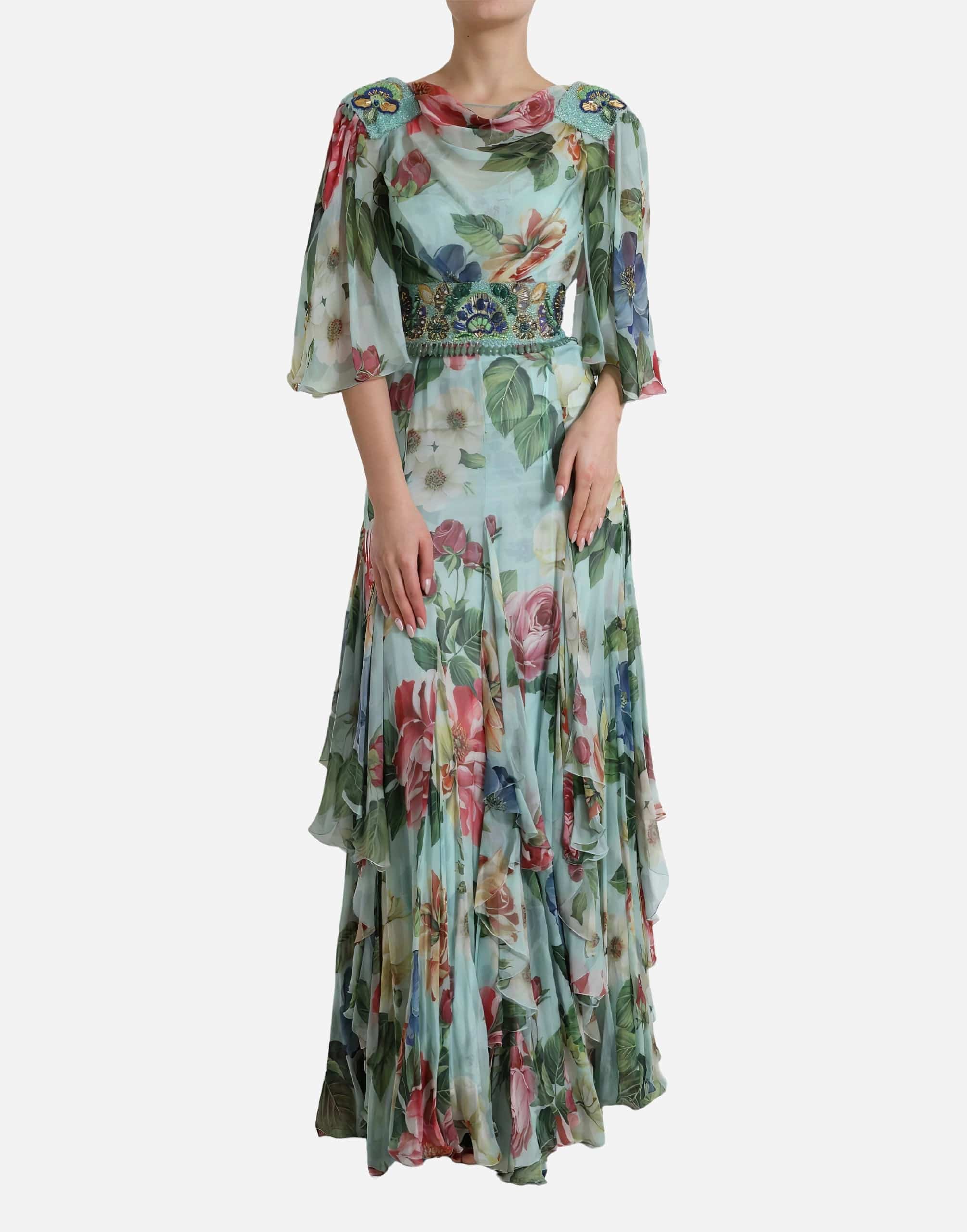 Dolce & Gabbana Floral Print Embellished Draped Neck Dress