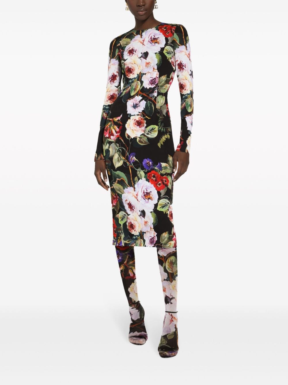 Floral-Print Long-Sleeve Midi Dress