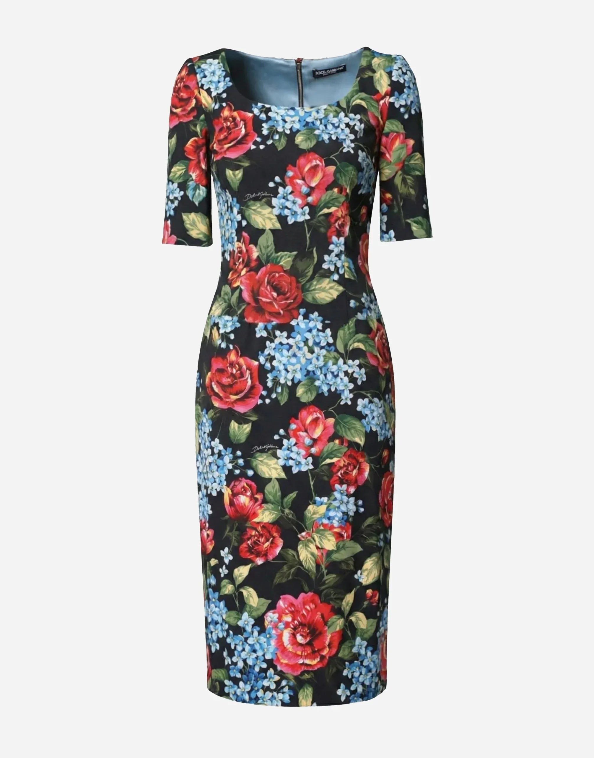 Dolce & Gabbana Black Floral Print Viscose Sheath Midi Dress