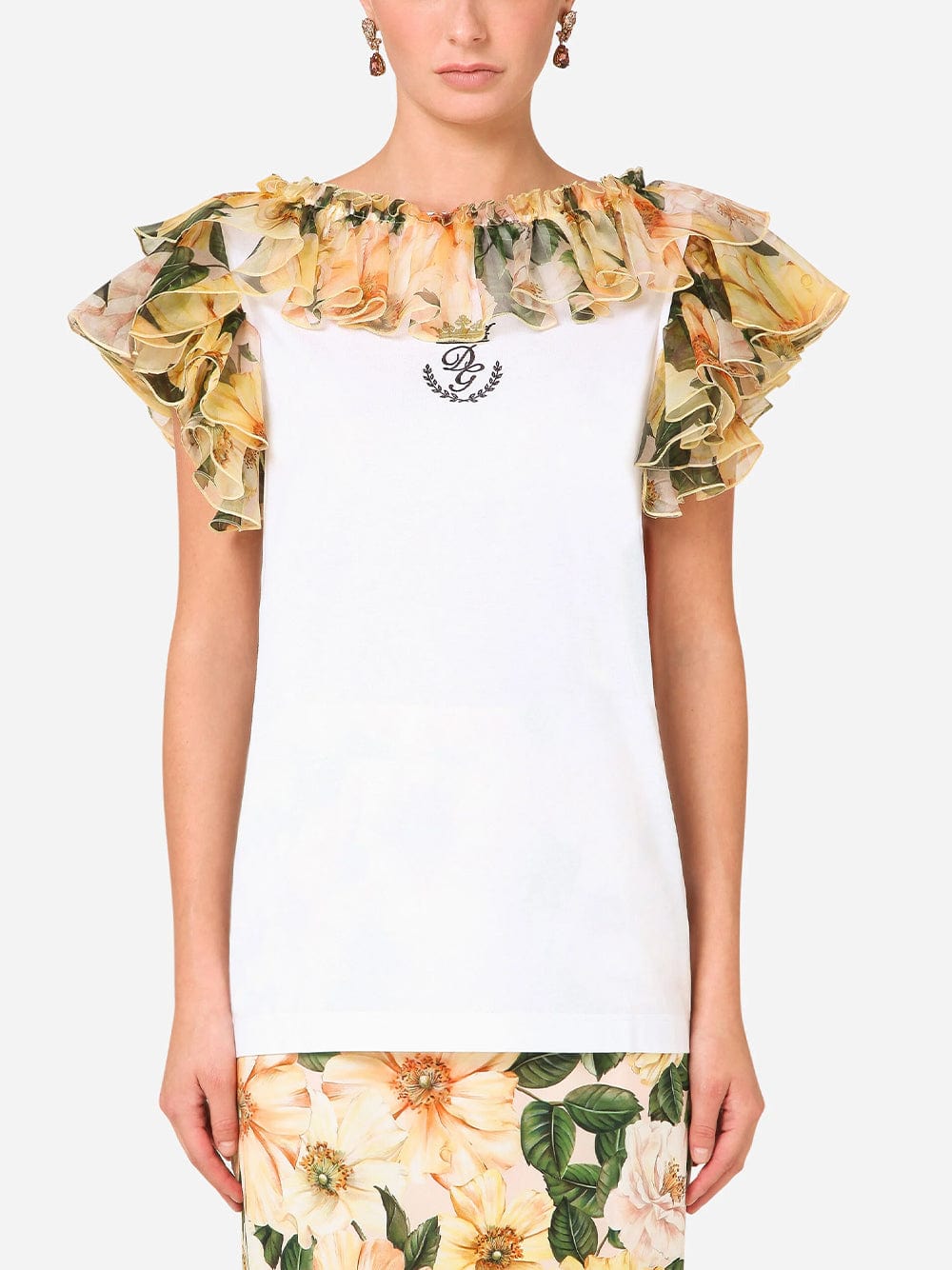 Dolce & Gabbana Floral Printed Ruffle Trim T-Shirt