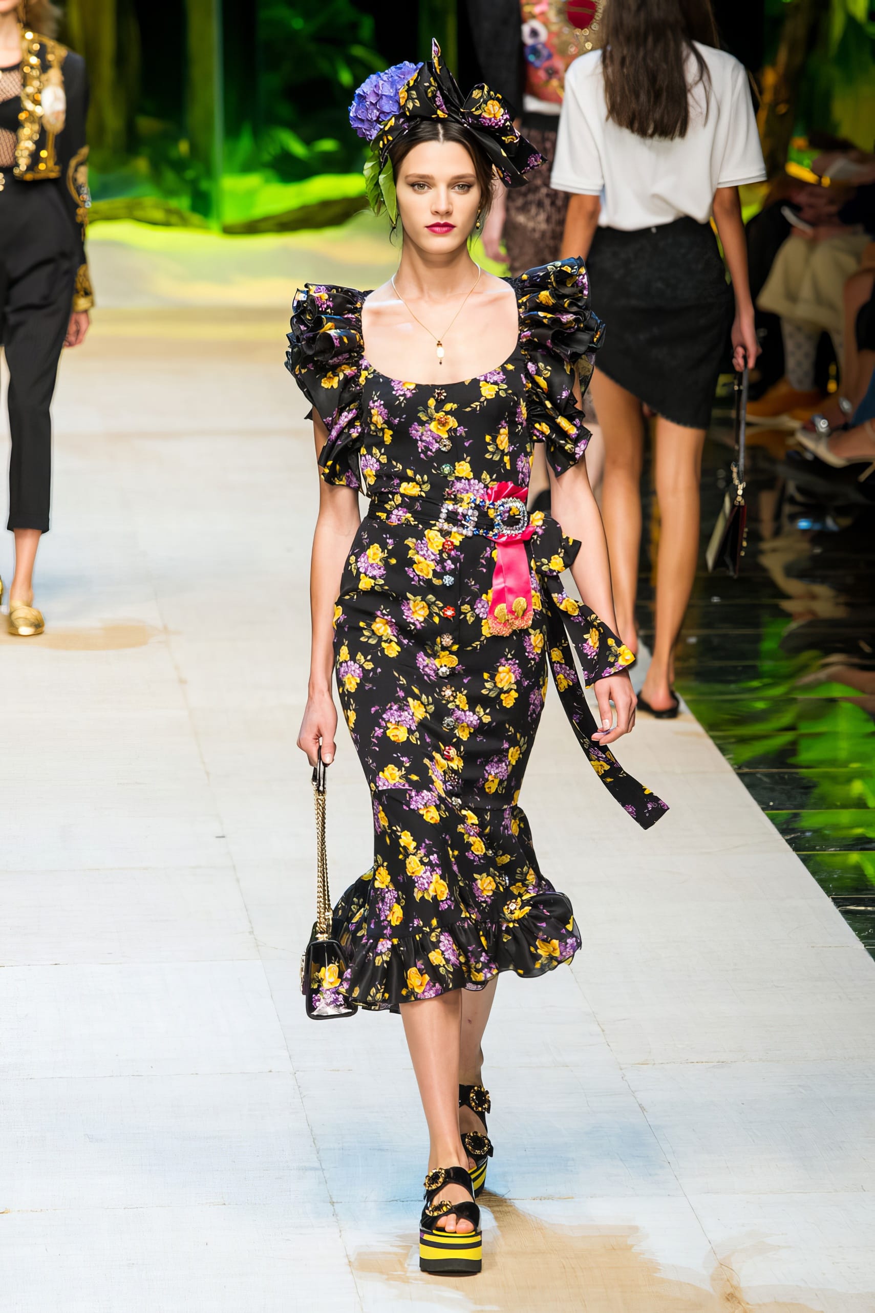 knee length dresses for ladies Dolce & Gabbana Floral Ruffle Midi Dress with Embellished Waist