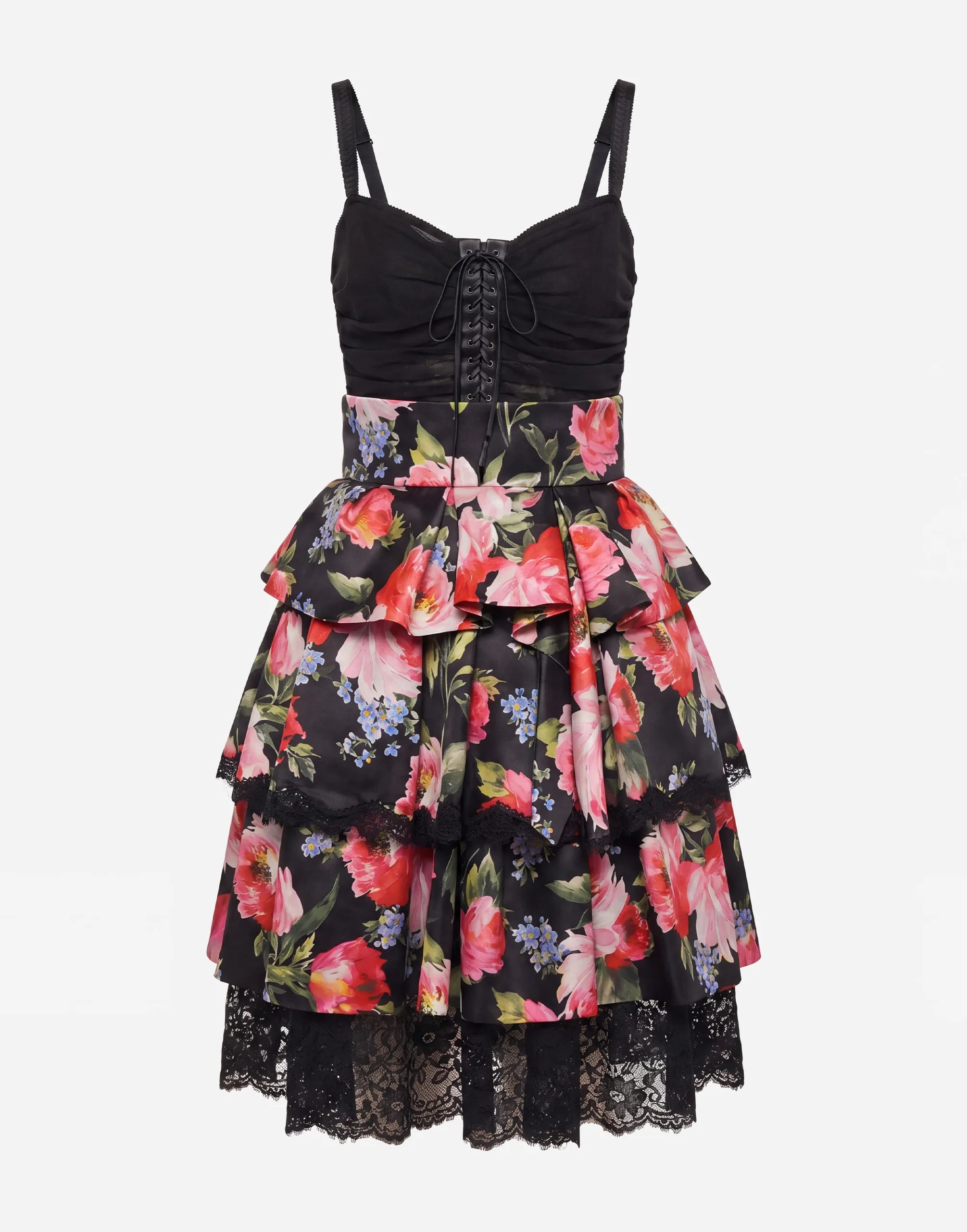 Dolce & Gabbana Floral Tiered Lace Trim Midi Dress