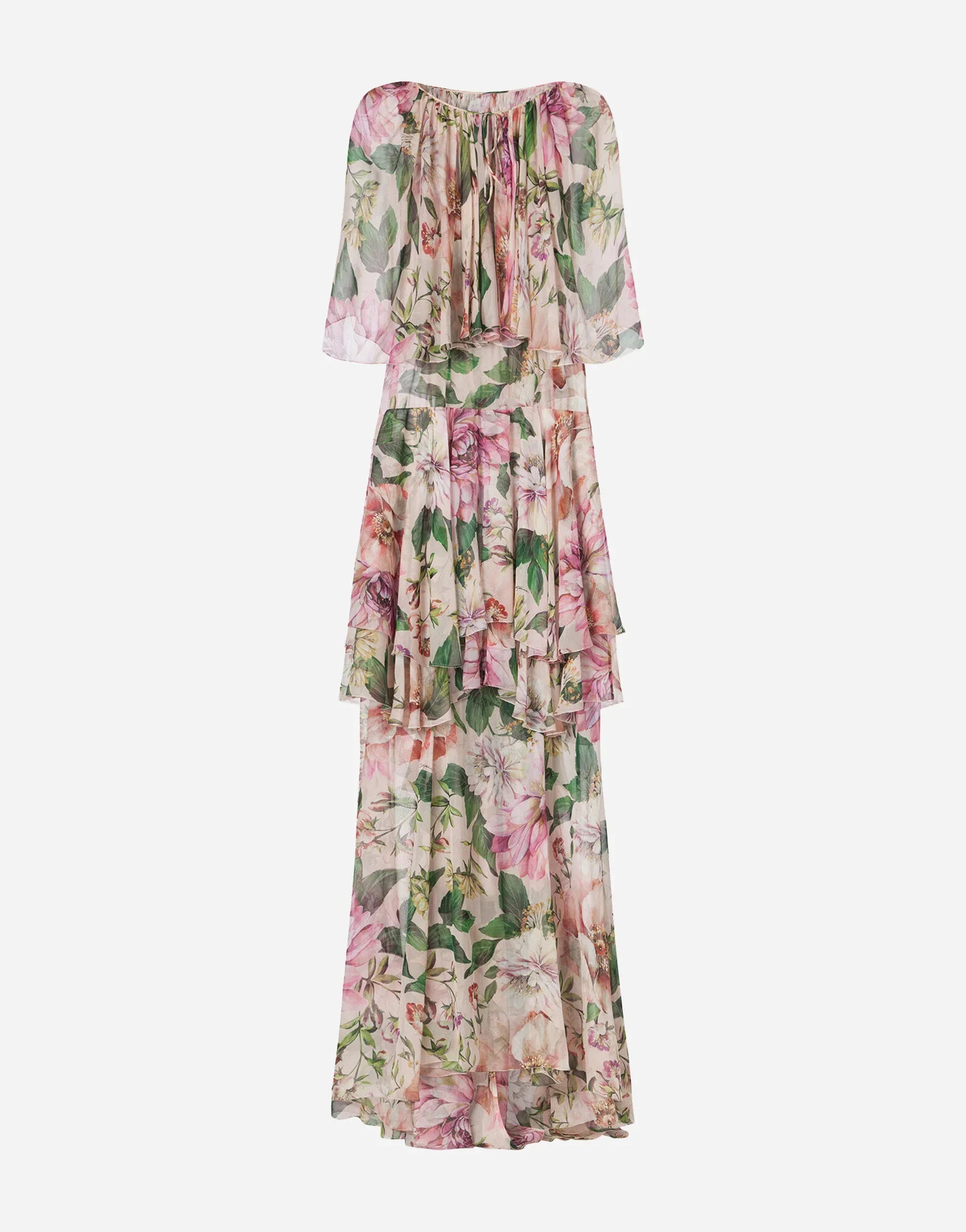 Dolce & Gabbana Floral Tiered Silk Chiffon Cape Gown