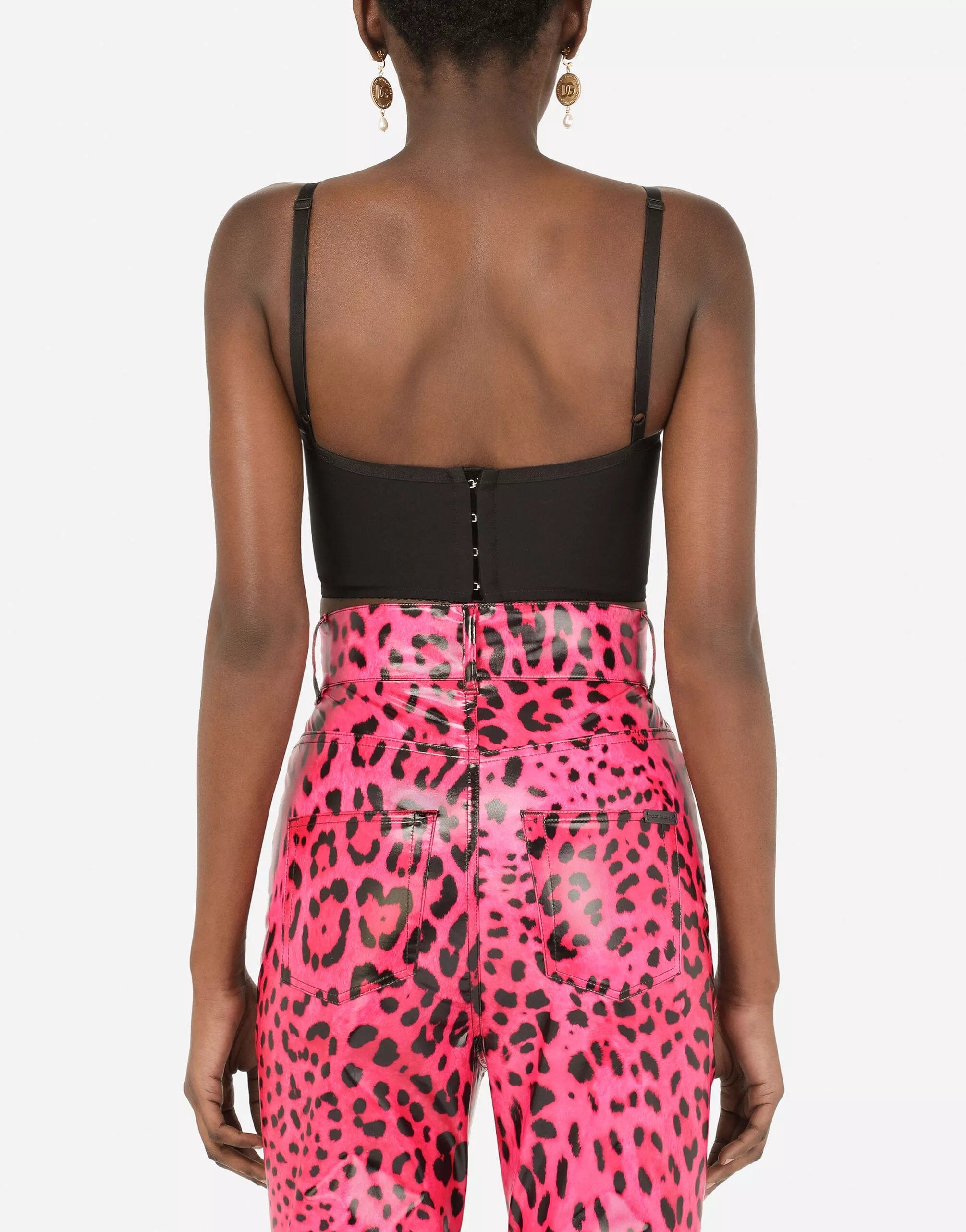 Dolce & Gabbana Foiled Satin Bustier With Neon Leopard Print