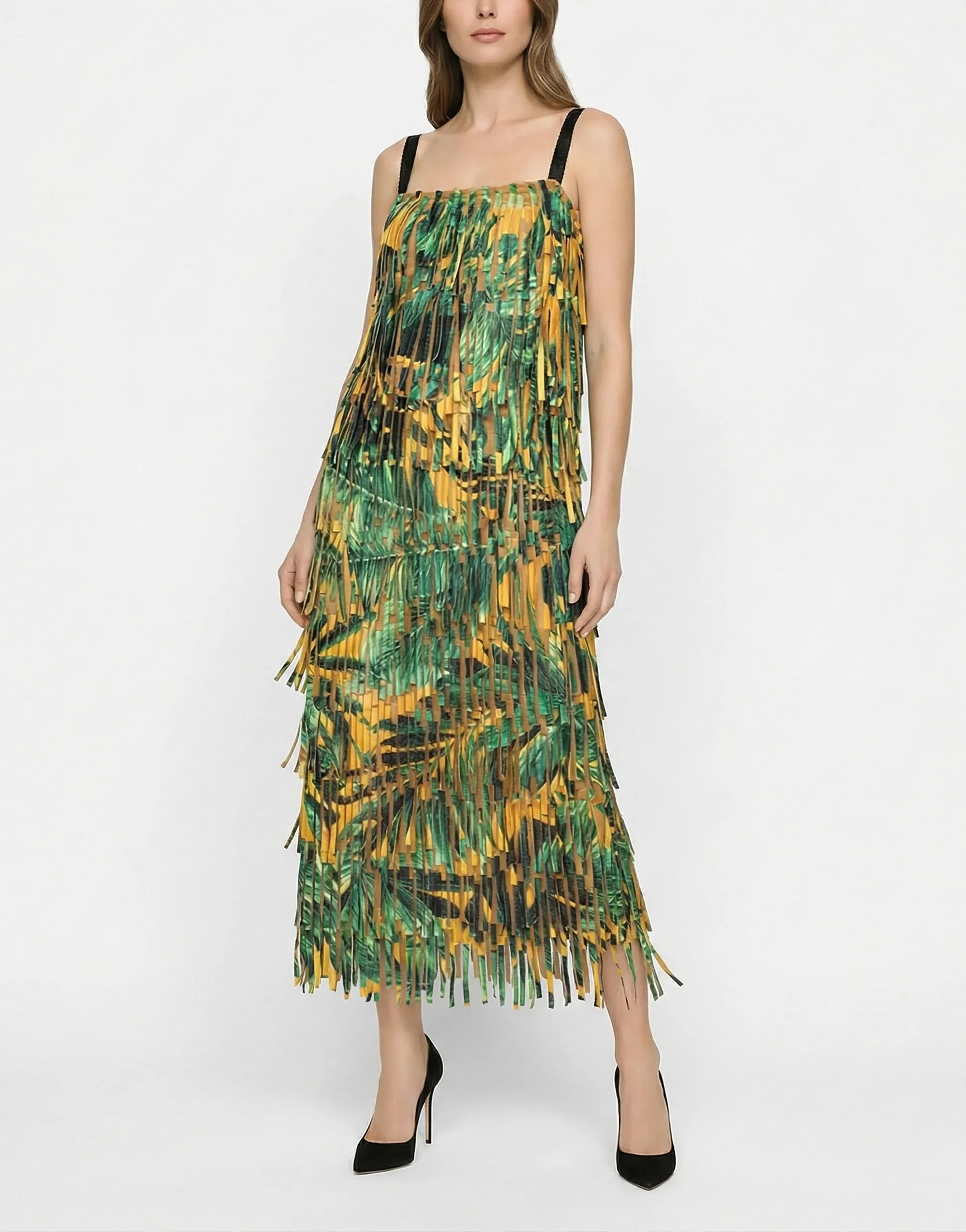 Dolce & Gabbana Multicolor Tropical Print Fringe Maxi Dress