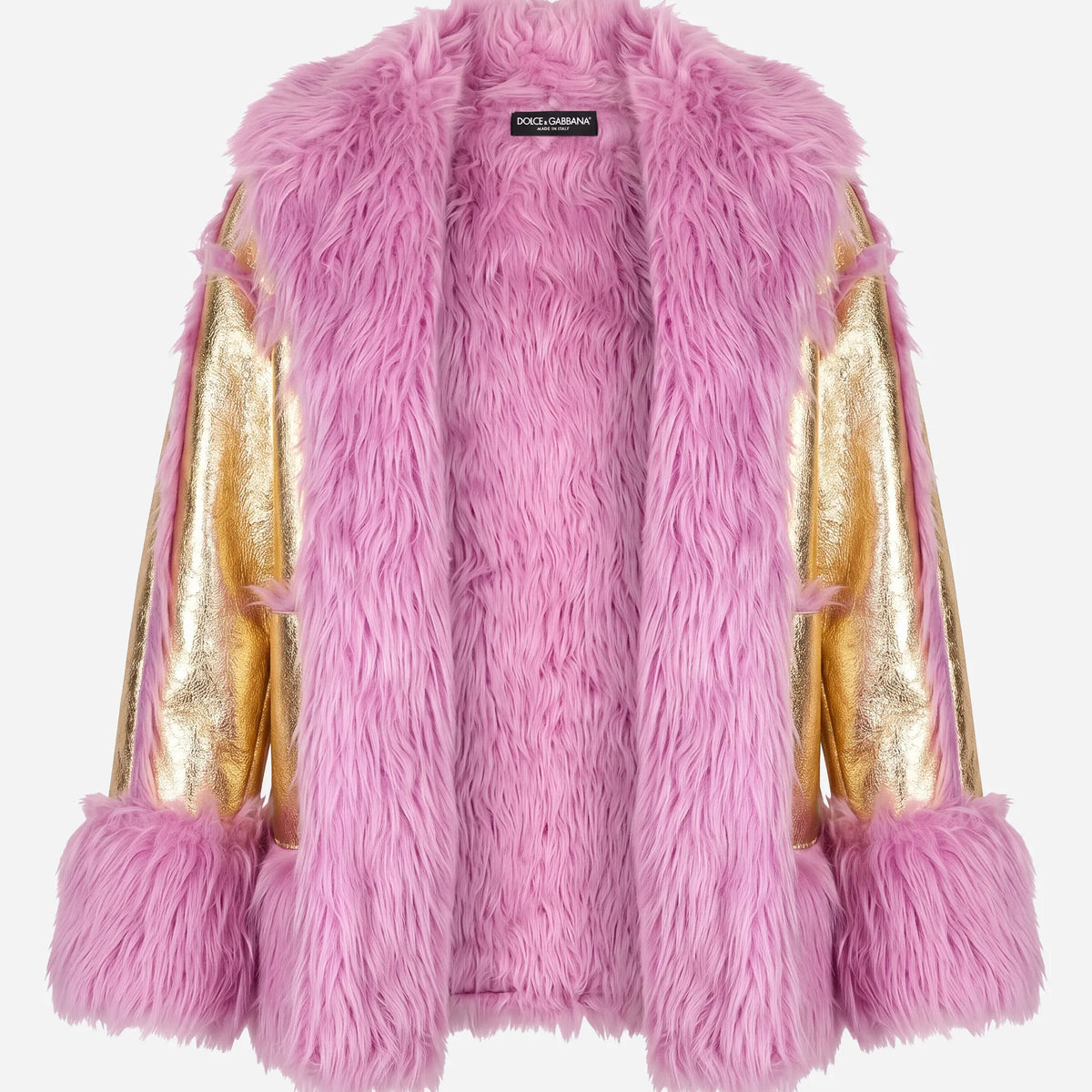 Dolce & Gabbana ファートリム付きゴールドレザージャケットコート Dolce & Gabbana ファートリム付きゴールドレザージャケットコート
