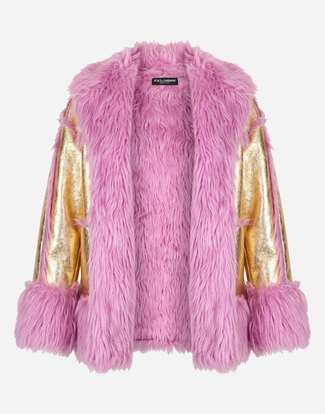 Dolce & Gabbana ファートリム付きゴールドレザージャケットコート