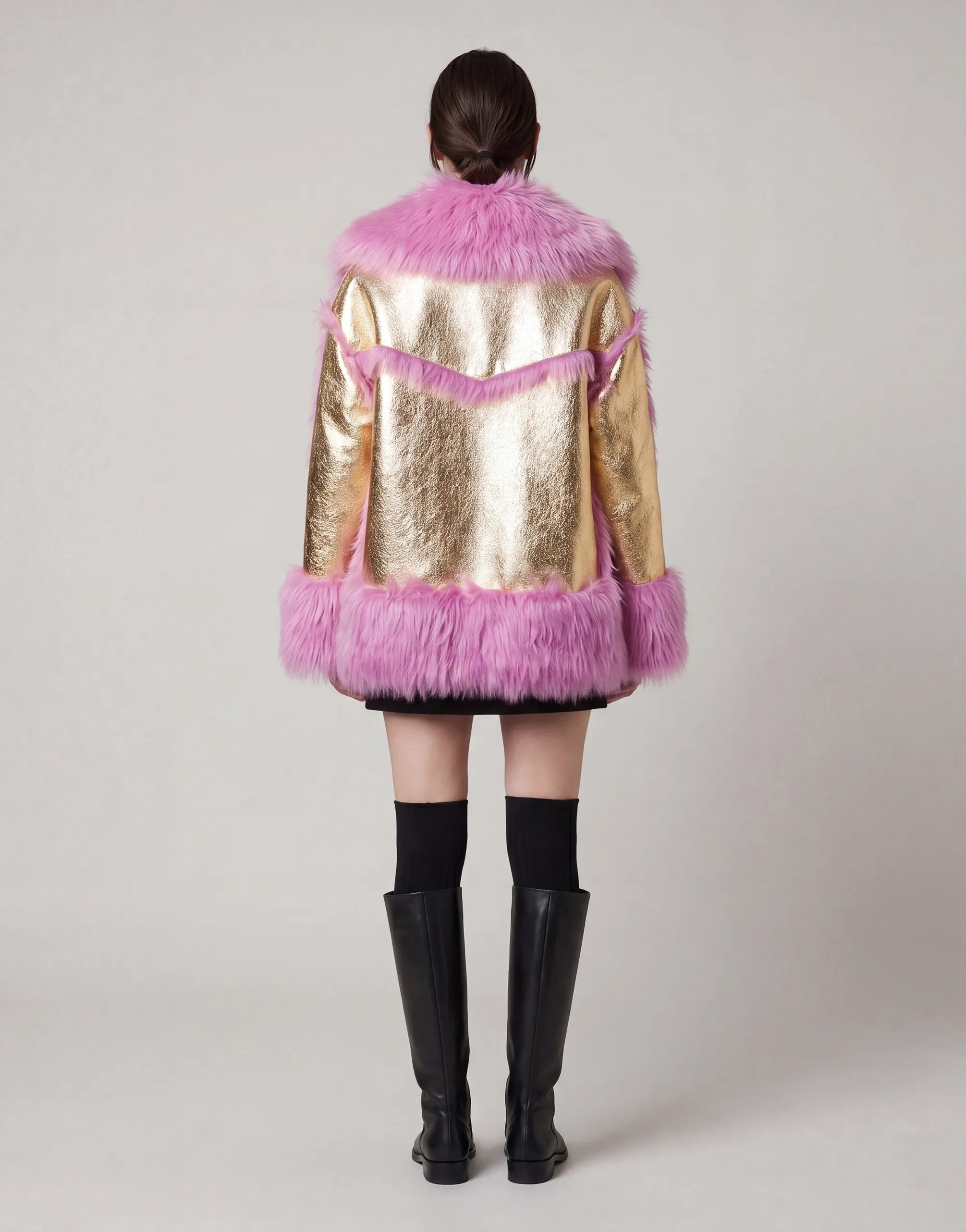Dolce & Gabbana Fur Trim Gold Leather Jacket Coat