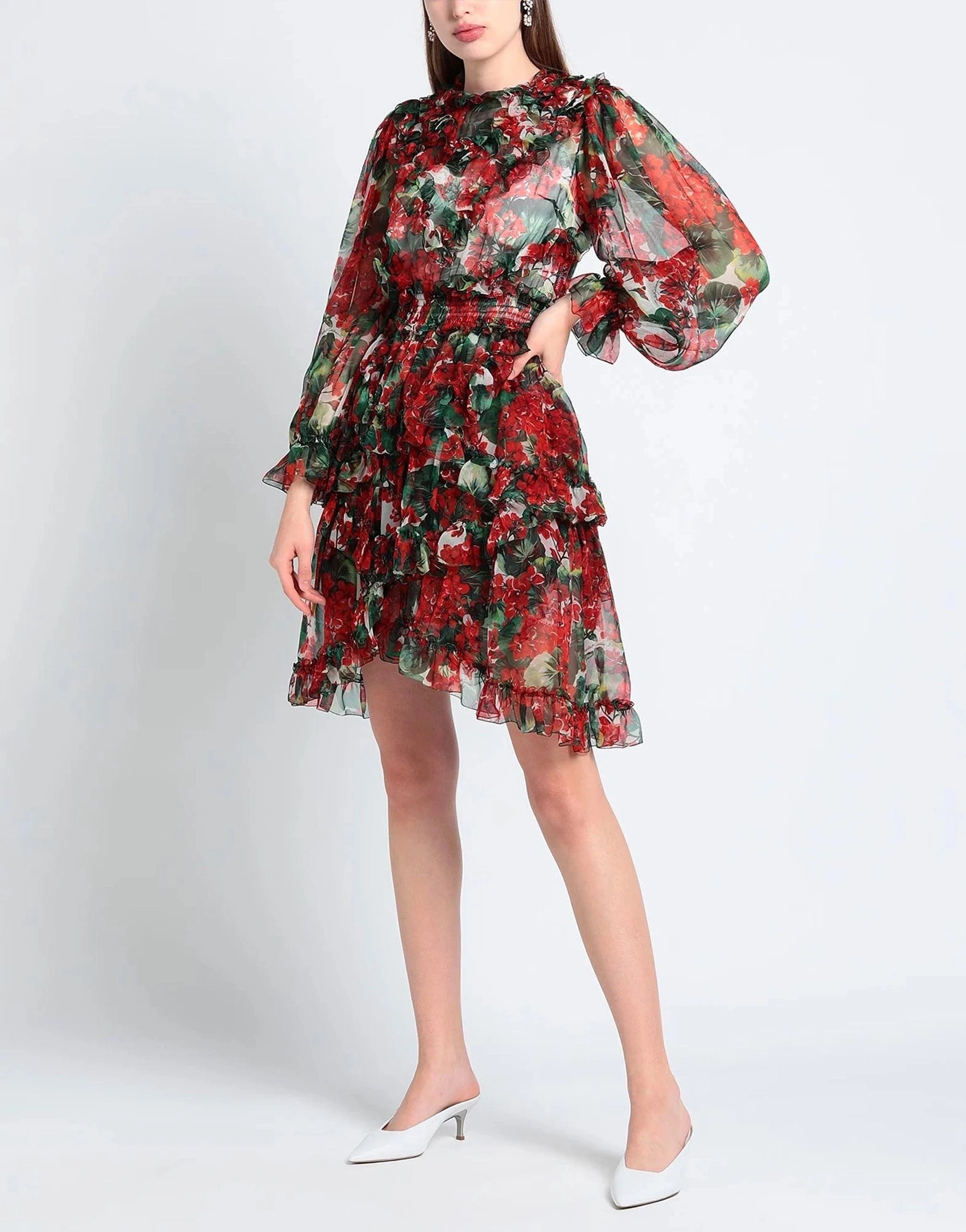 Dolce & Gabbana Multicolor Ruffle Floral Long Sleeves Dress