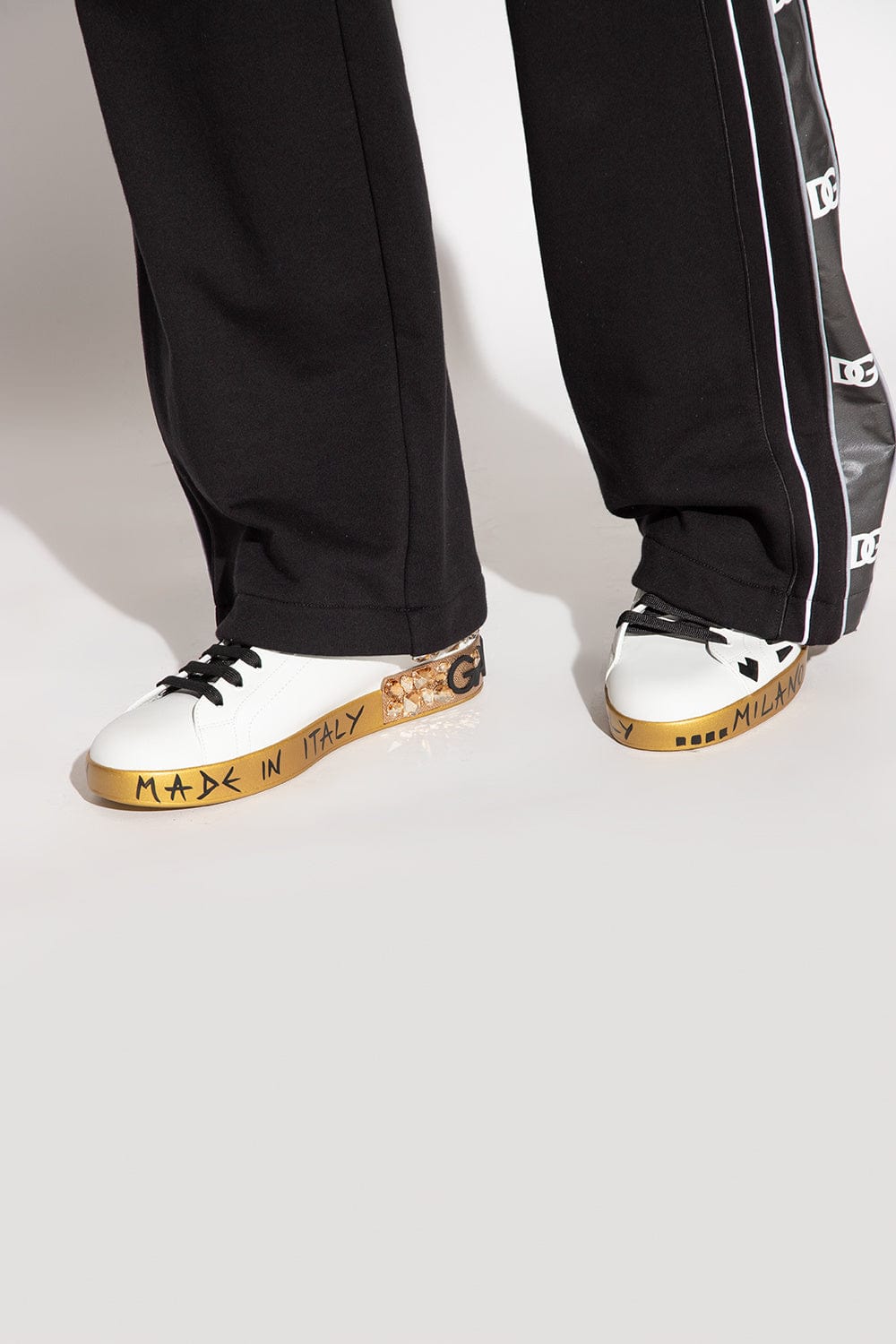 Dolce & Gabbana Gold Crystal-Embellished Logo Portofino Sneakers